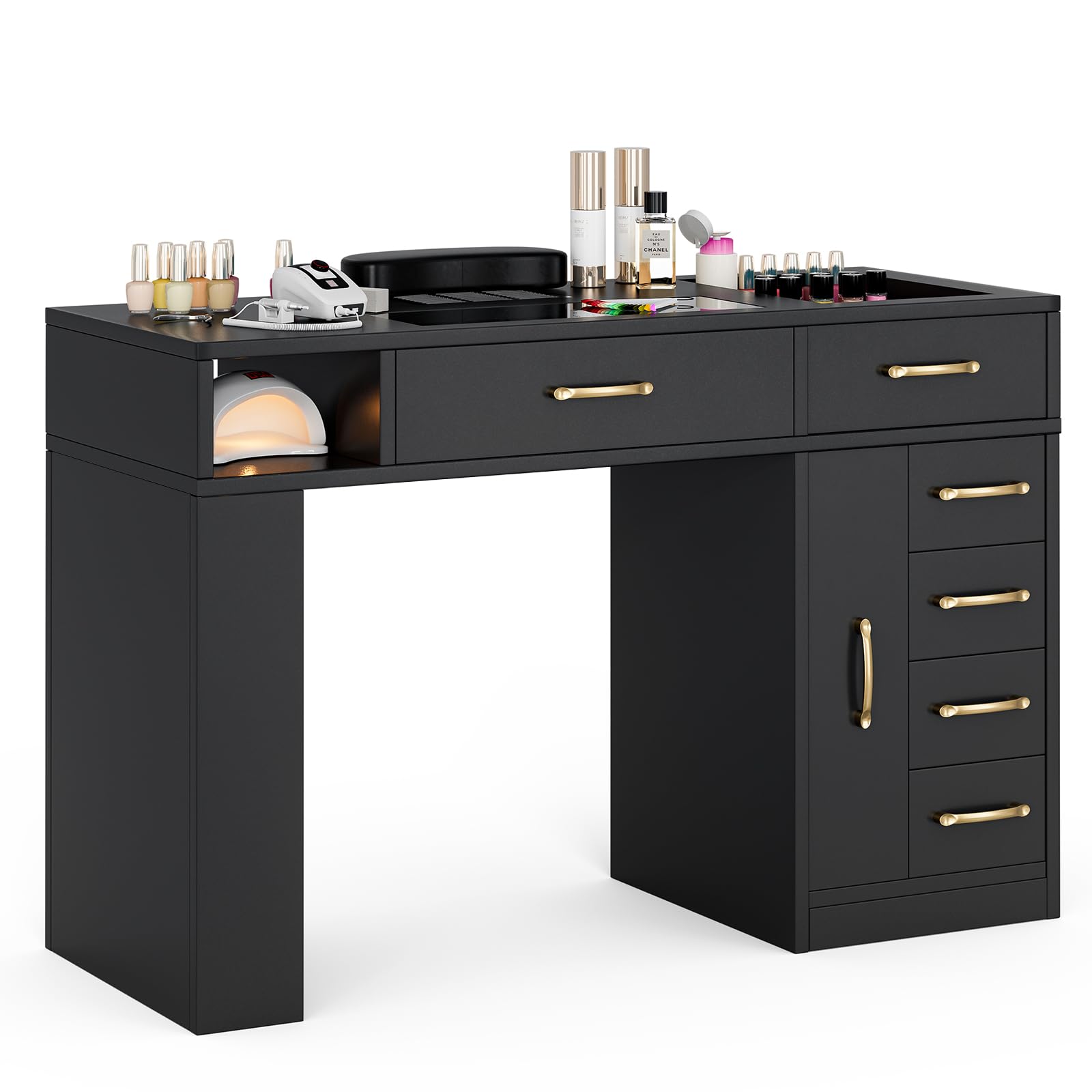 Premium Paddie Manicure Table with Built-in Dust Collector - Professional Glass Top Nail Tech Station with 7 Storage Drawers & 3-Tier Open Shelves - Beauty Salon Workstation with Ergonomic Wrist Cushion & Gold Handles (Black) - Perfect for Nail Salons, Home Studios & Professional Nail Technicians