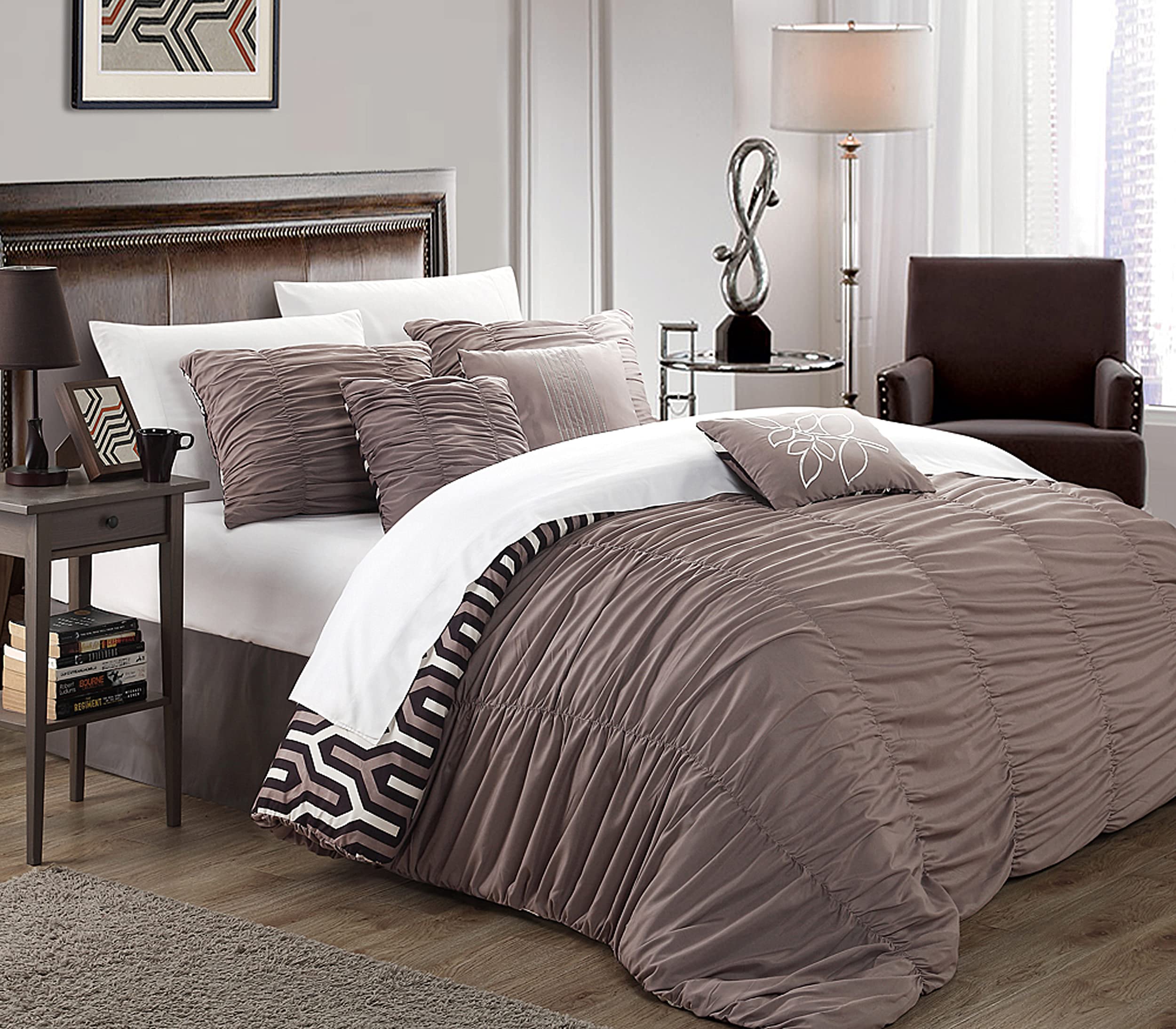 Chic Home 7-Piece Lessie Pleated Modern Comforter Set - Queen Size, Brown Bedding Set for Cozy Bedroom Decor | Perfect for Master Bedroom, Guest Room & Dorm