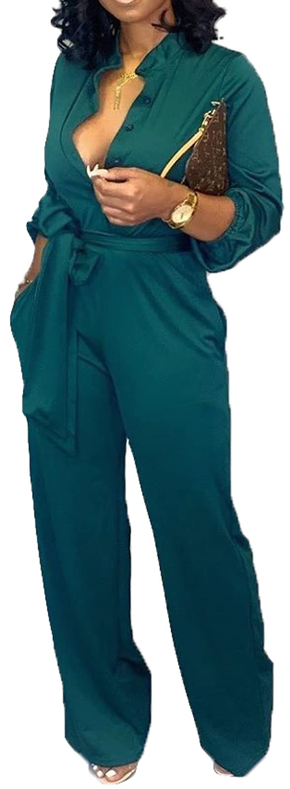 Elegant Women's V-Neck Long Sleeve Jumpsuit with Wide Leg Pants, Belt & Pockets - Casual Work Wear for Office, Date Night & Special Occasions