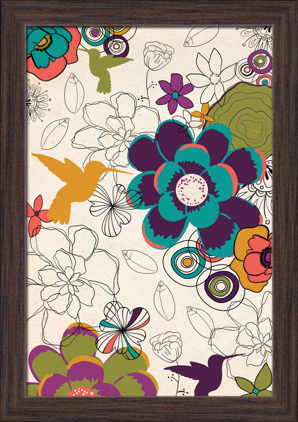 Hummingbirds and Flowers Fine Art Print - 12x18 Inch Giclee on Recycled Wood Frame in Espresso Brown - Perfect for Living Room, Bedroom, or Office Wall Decor