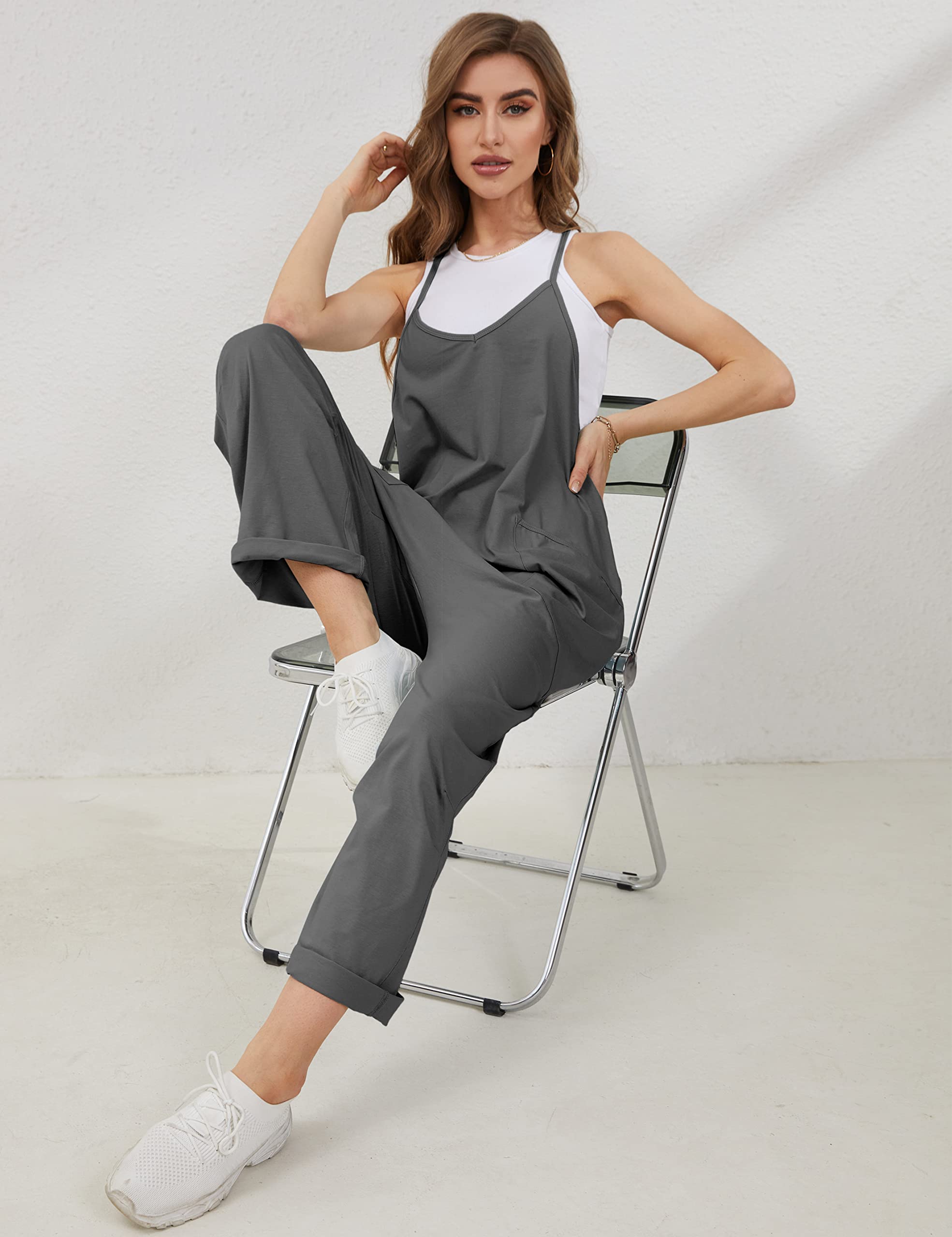 Lentta Women's Casual Jumpsuit - V Neck Sleeveless Romper with Adjustable Straps & Pockets | Stretchy Harem Overalls for Summer Outings, Beach Wear & Casual Fashion