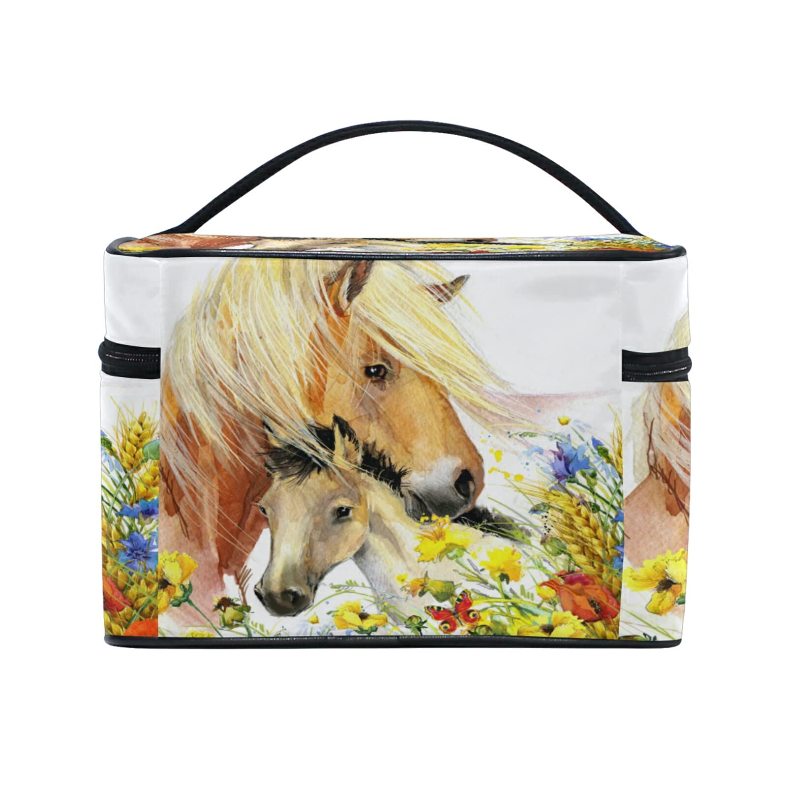 **Floral Horse Print Cosmetic Bag with Handle - Travel Makeup Organizer for Women & Girls - Perfect for Travel, Gym, and Daily Storage**