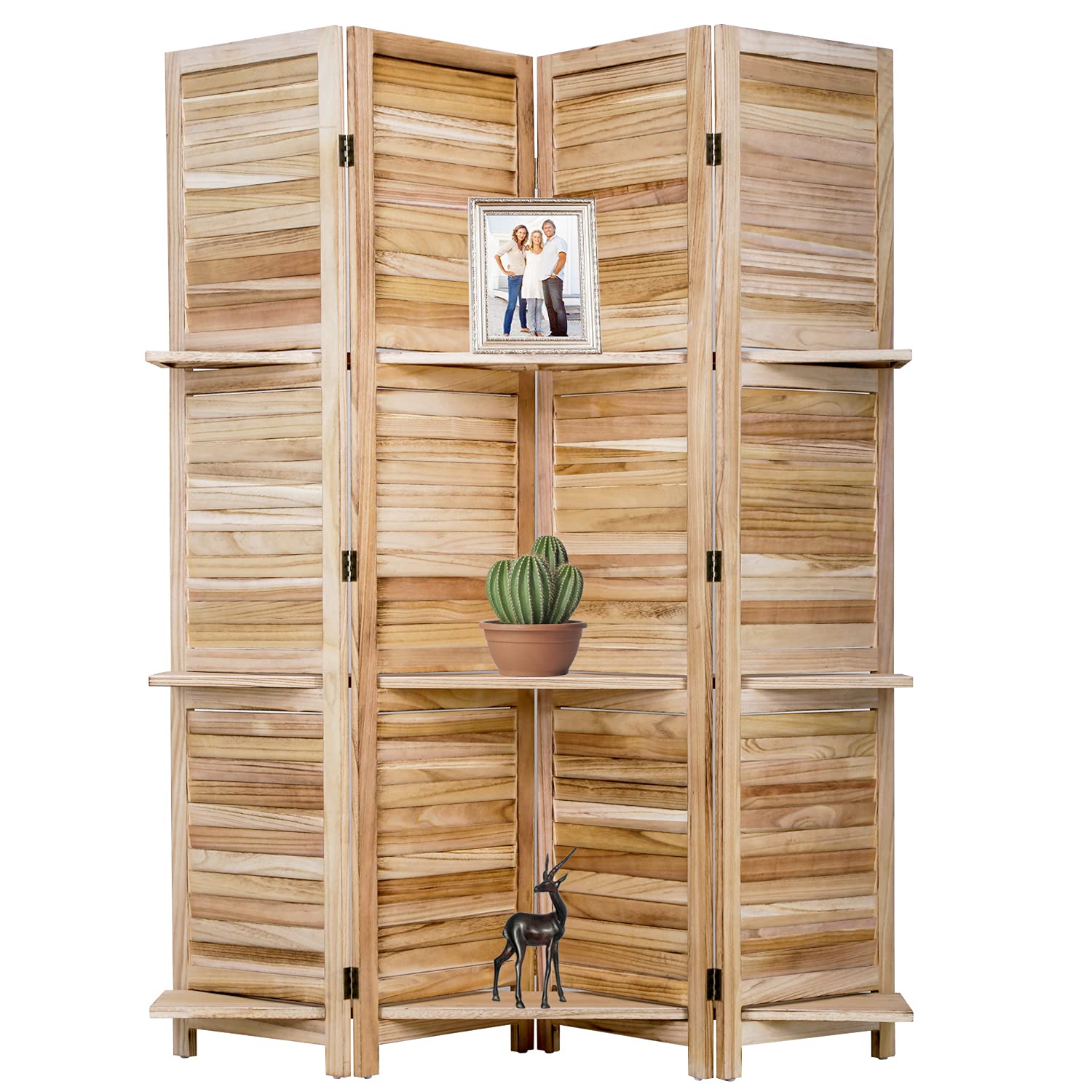 4-Panel Wooden Room Divider - Freestanding Folding Privacy Screen with Removable Storage Shelves | Portable Partition Wall for Home Office & Living Room (Natural Finish) - Perfect for Creating Private Spaces in Studios, Apartments and Workspaces