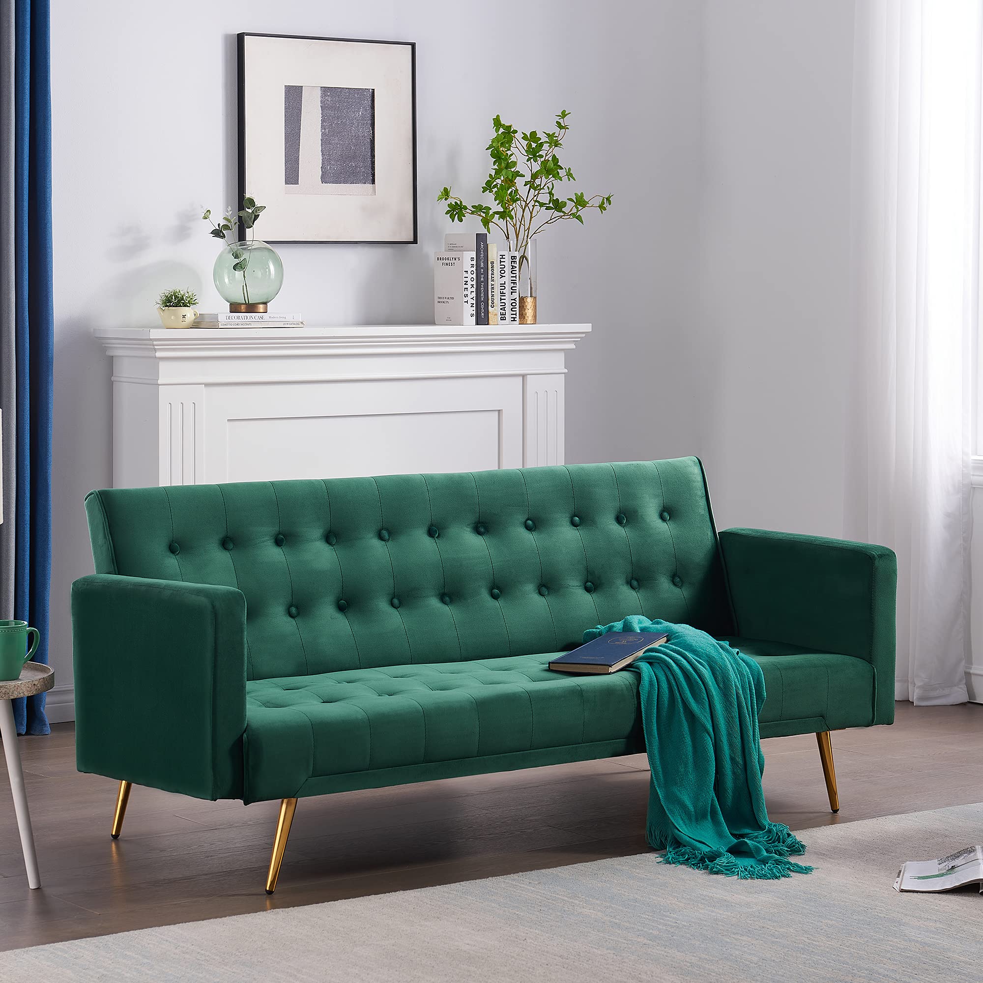 KINFFICT 71 Inch Velvet Convertible Futon Sofa Bed - 3 Angle Adjustable Backrest, Small Loveseat with Armrests & 4 Golden Tapered Legs for Living Room, Bedroom, Dorm or Apartment - Modern Sleeper Couch for Relaxing & Space Saving