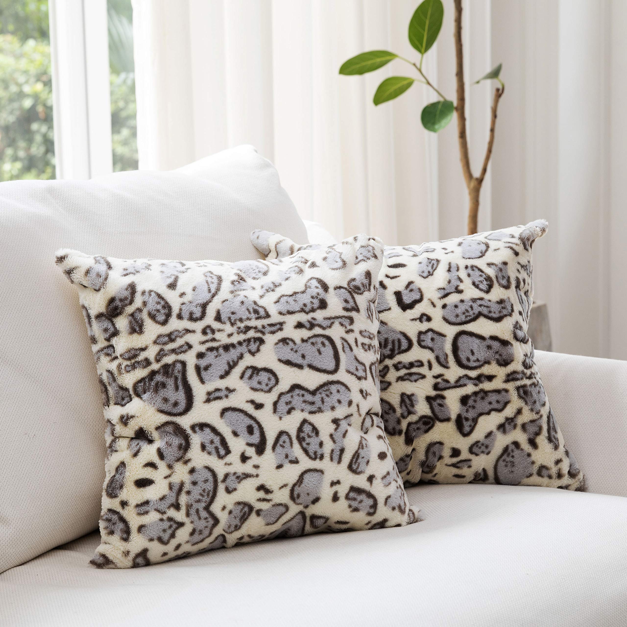 Set of 2 Snow Leopard Print Throw Pillows - 18x18 Inch Soft Velvet Faux Fur Decorative Couch Cushions for Living Room, Bedroom & Sofa Decor