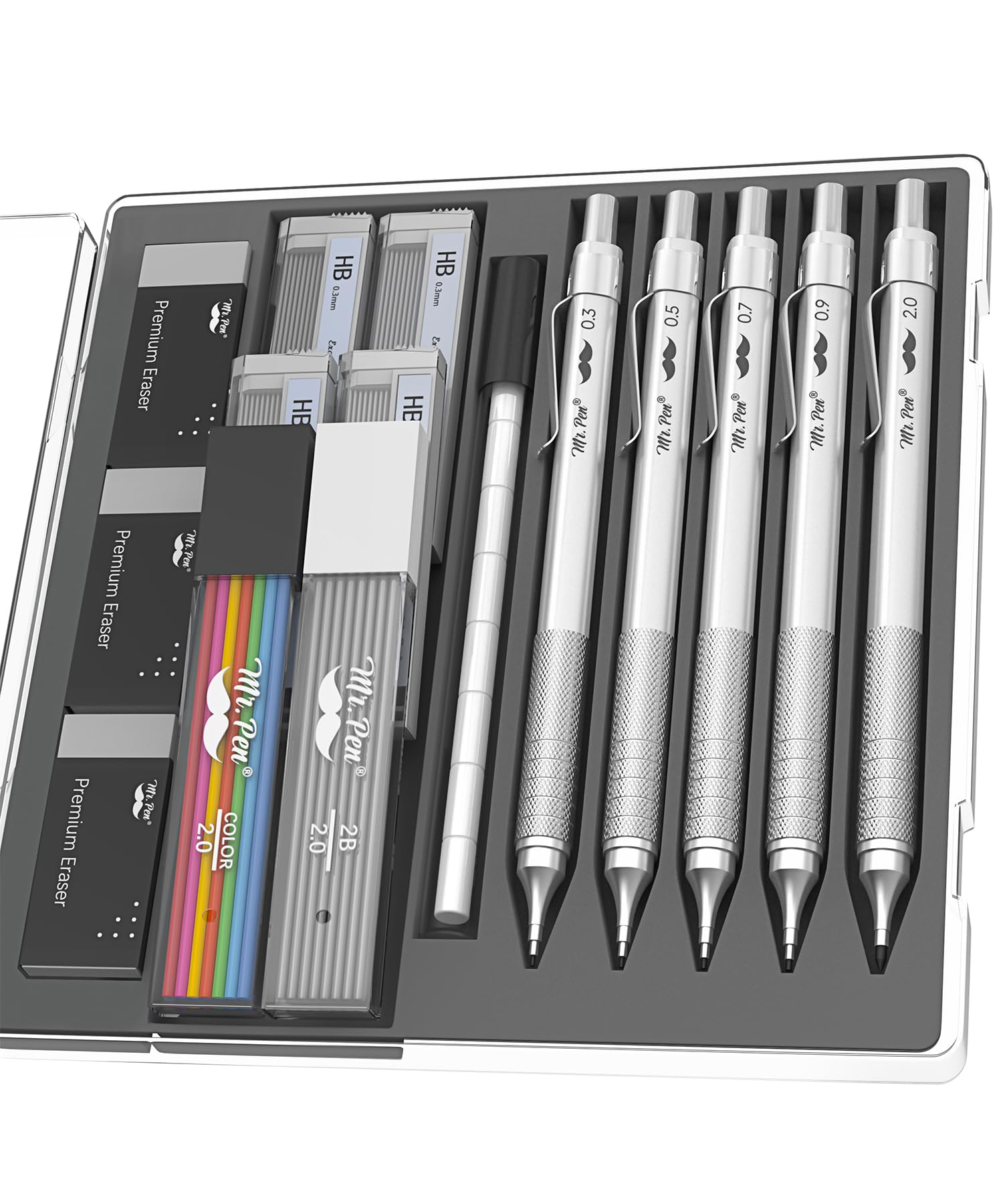 Mr. Pen Metal Mechanical Pencil Set - 5 Sizes (0.3mm, 0.5mm, 0.7mm, 0.9mm, 2mm) for Sketching, Drafting & Writing | Professional Drawing Pencils for Artists, Engineers & Students | Durable Metal Construction for Precision Work