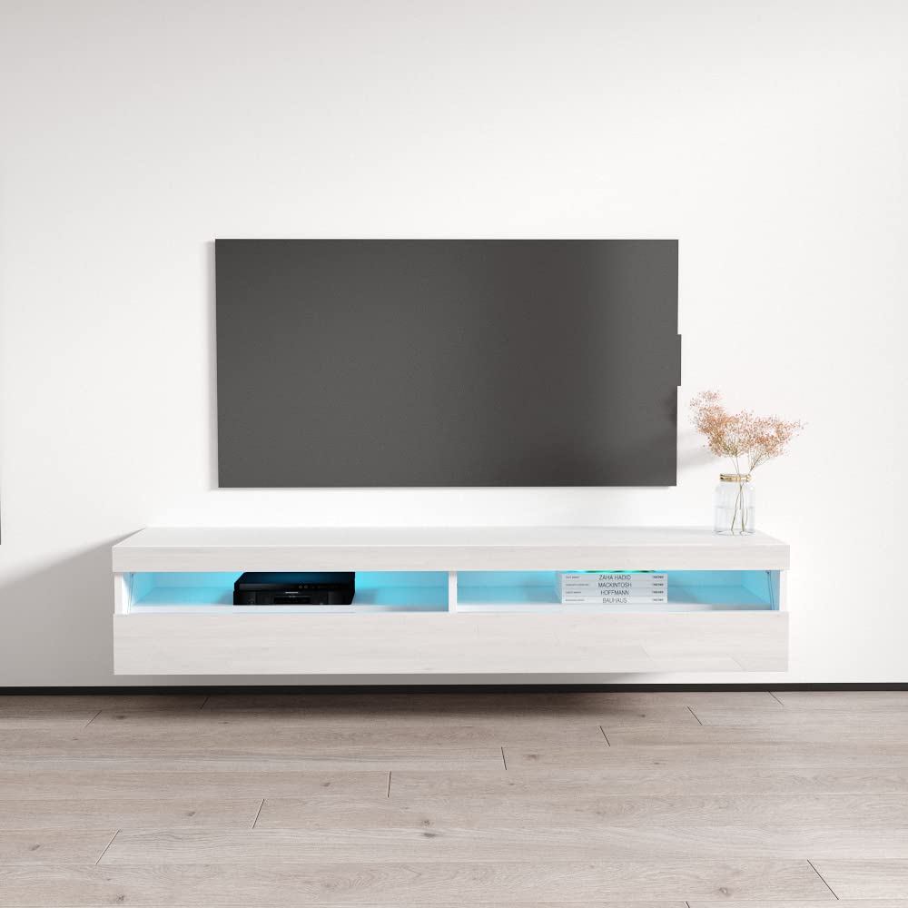 Modern Floating TV Stand with Storage & LED Lights - High Gloss White Rectangular Media Console for TVs Up to 70