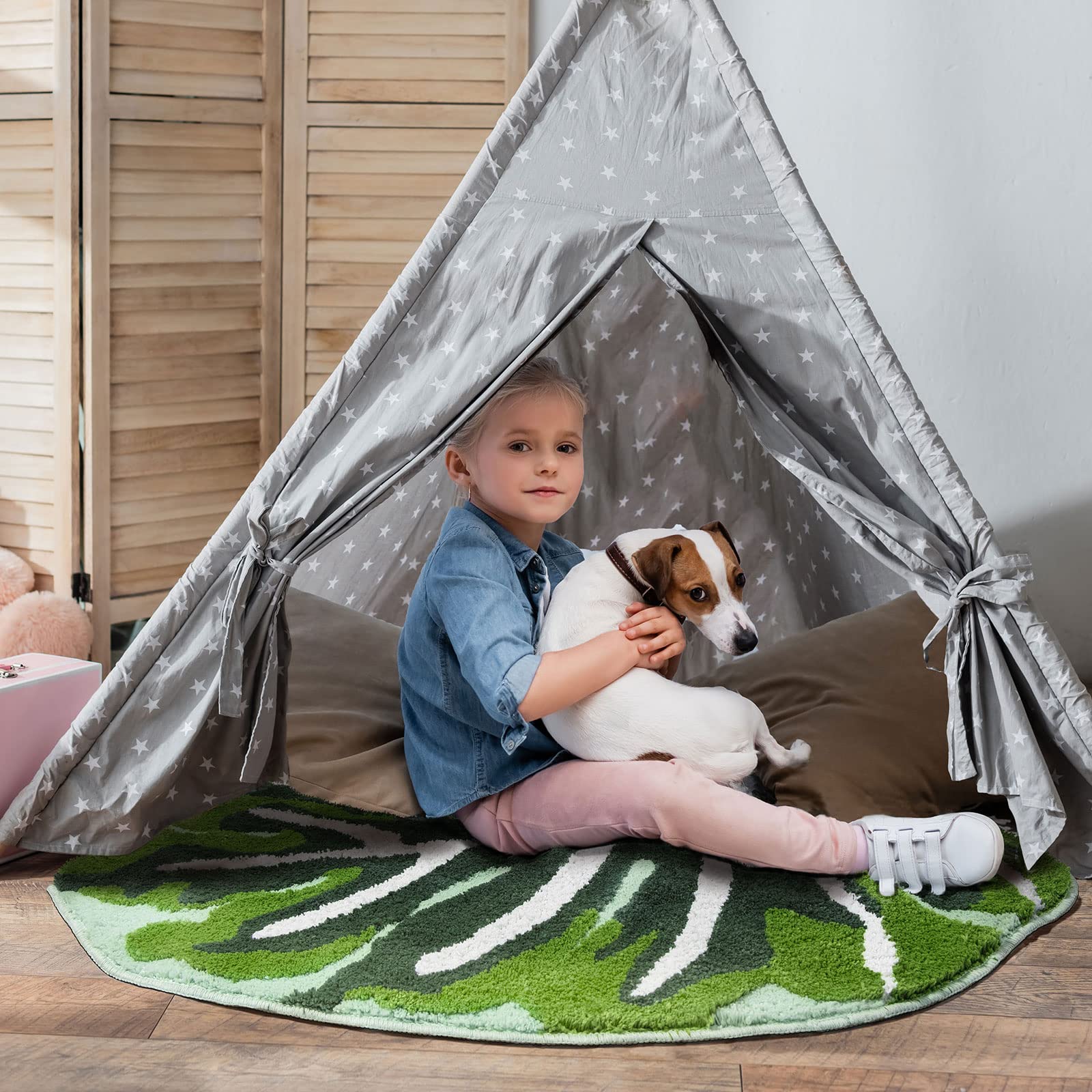 Non-Slip Green Leaf Kids Rug - 2.6'x4' Washable Nursery Carpet, Cute Bath Mat for Bedroom, Bathroom & Playroom | Boho Home Decor for Children's Safety & Comfort