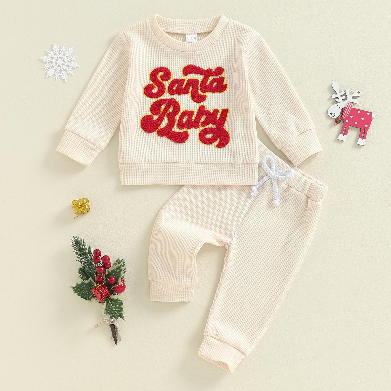MBMSHEGH Baby Boy & Girl Christmas Waffle Outfit Set - Letter Embroidery Long Sleeve Sweatshirt with Elastic Waist Pants (2-Piece) | Holiday Family Photos & Winter Party Outfit