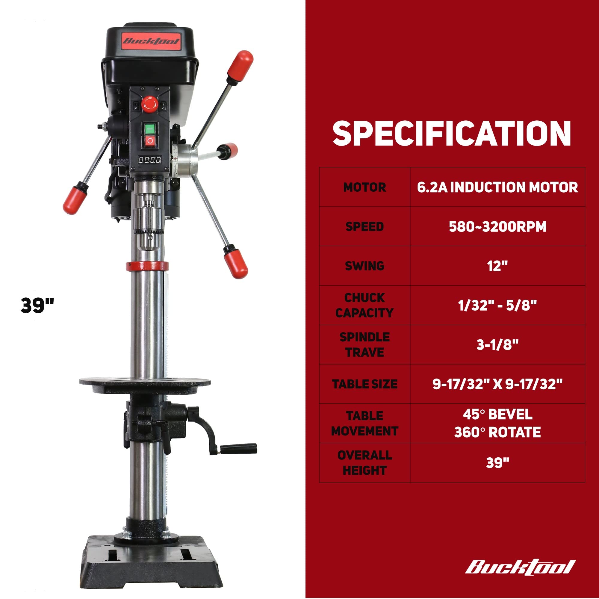 BUCKTOOL 12 Inch 6.2A Professional Bench Drill Press - 3/4HP Powerful Benchtop Drill Press with Variable Speed, IIIA Laser & Work Light - Perfect for Woodworking, Metalworking & DIY Projects