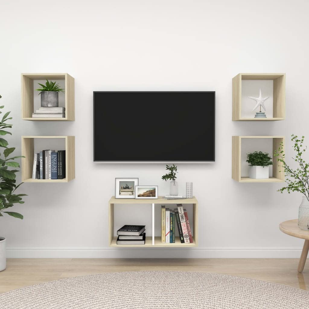 5-Piece Floating TV Stand Set - Wall Mounted Media Console with Storage Cubes, Modern Entertainment Center for Living Room & Bedroom (Beige) - Perfect for Small Spaces & Home Theater Setup