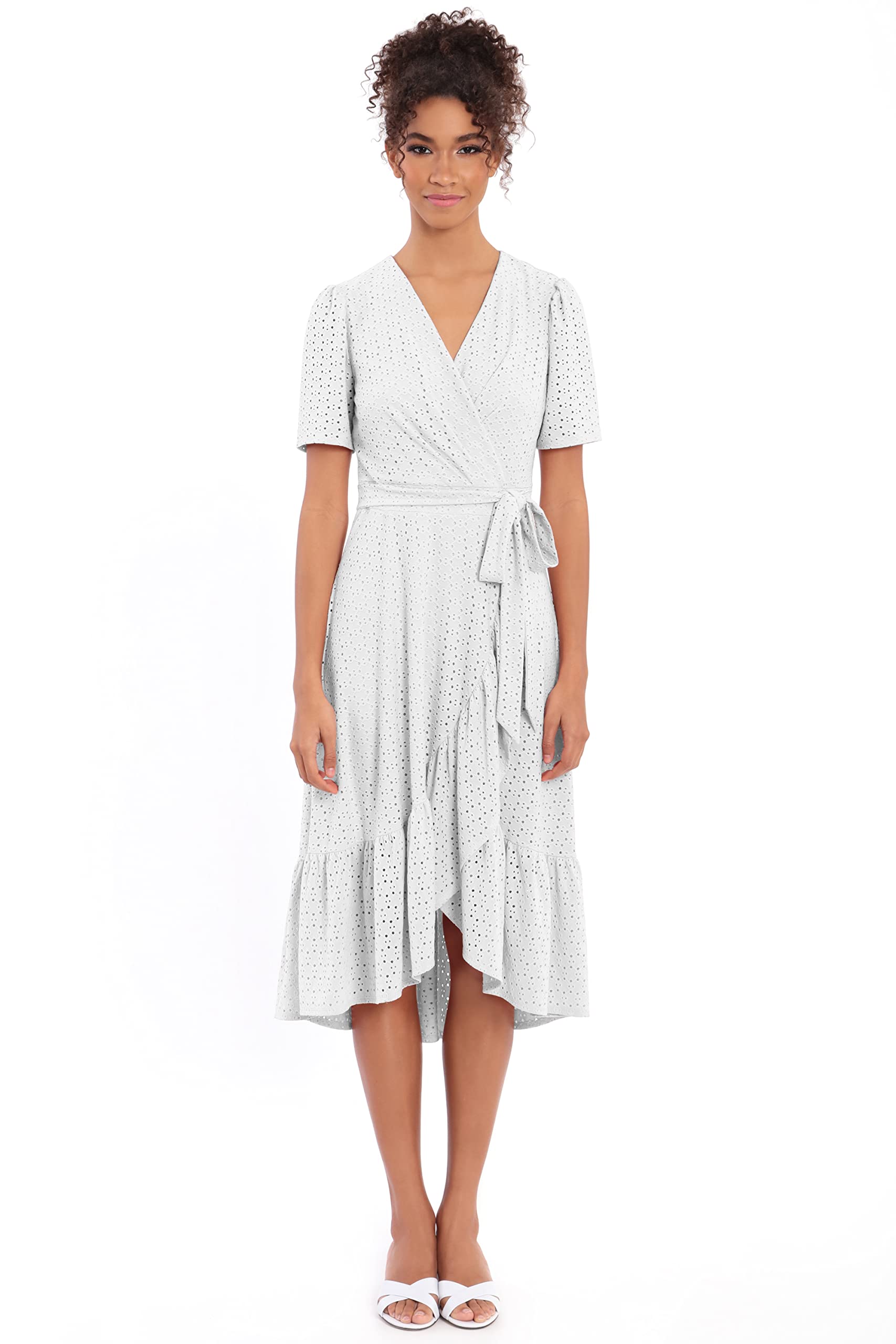 London Times Women's Short Sleeve Ruffle Wrap Dress - Flowy Summer Dress for Casual Outings, Beach Cover Up & Date Night Outfits