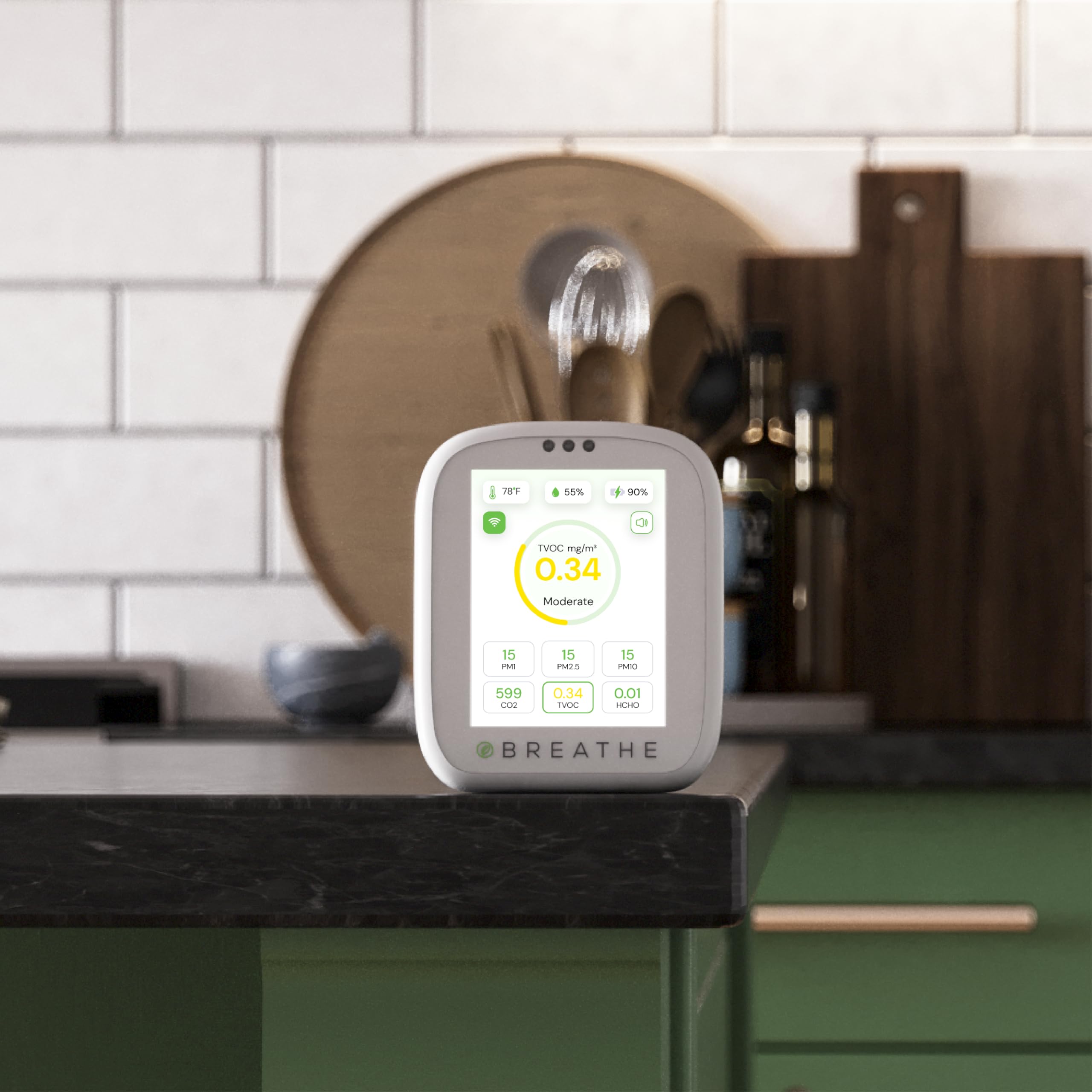BREATHE Airmonitor Plus: 8-in-1 Smart Indoor Air Quality Monitor - CO2 Meter, Formaldehyde Detector, VOC Sensor, PM1/2.5/10, Temperature & Humidity Gauge with Mobile App - Perfect for Home, Office, Nursery & Bedroom Air Quality Testing