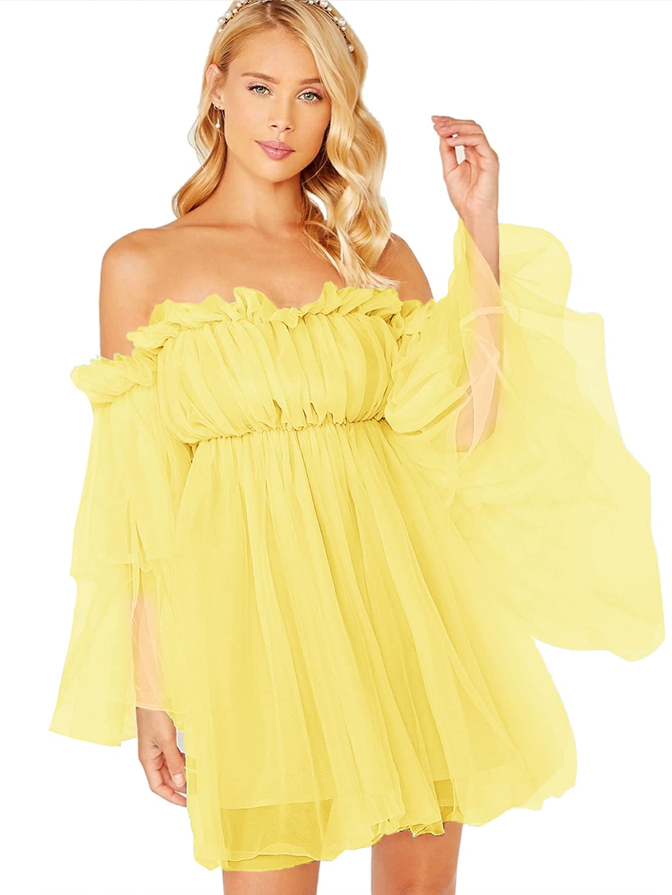 Romantic Off Shoulder Flounce Long Sleeve Ruffle Mesh Mini Dress for Women - Elegant Wedding & Party Cocktail Attire | Perfect for Bridal Shower, Evening Events & Special Occasions