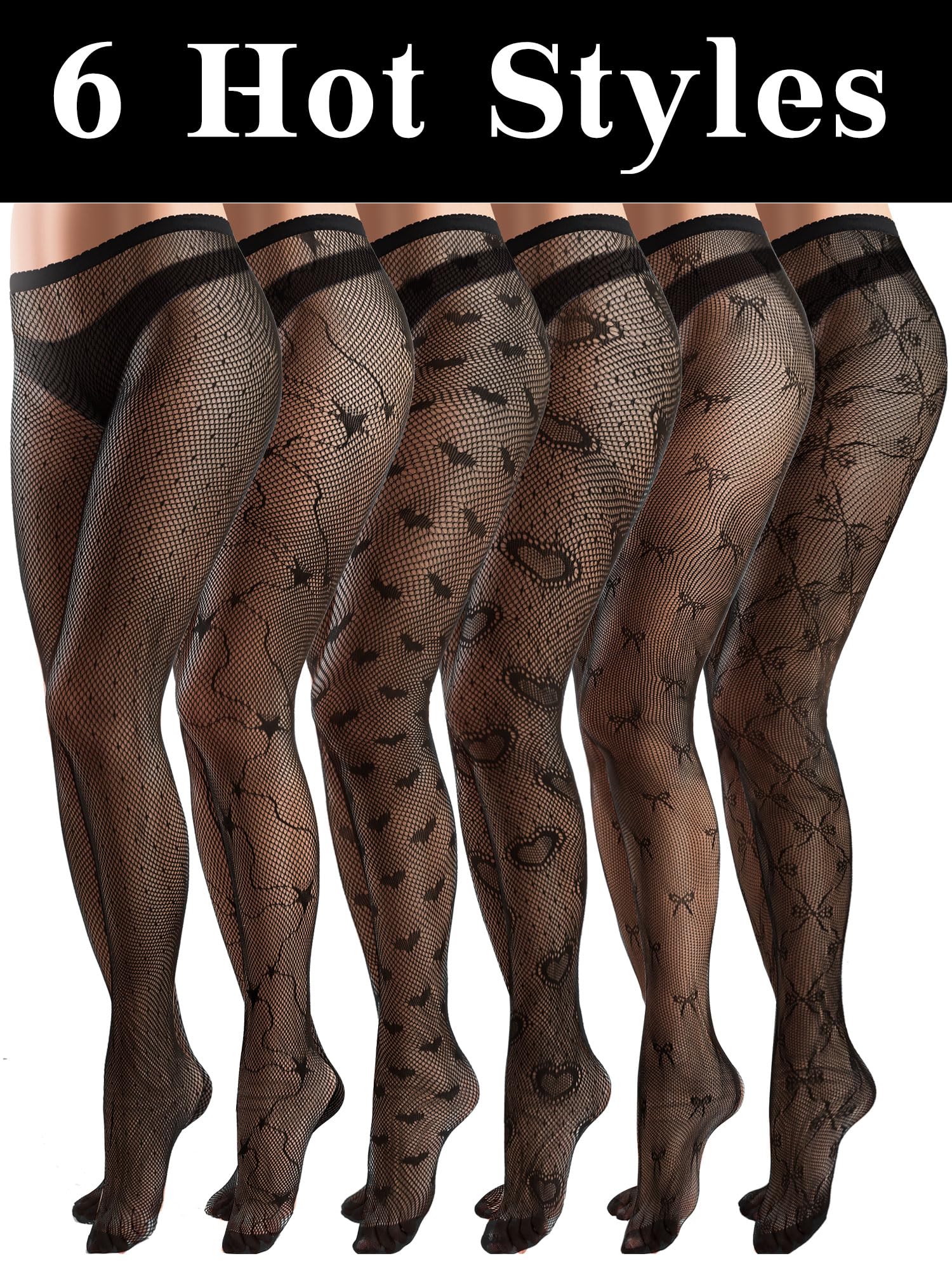Ramede 6 Pairs Women's Fishnet Thigh High Stockings - Waist Tights with Bow Pattern, Gothic Fishnet Leggings & Pantyhose for Halloween, Cosplay, Lingerie & Night Out