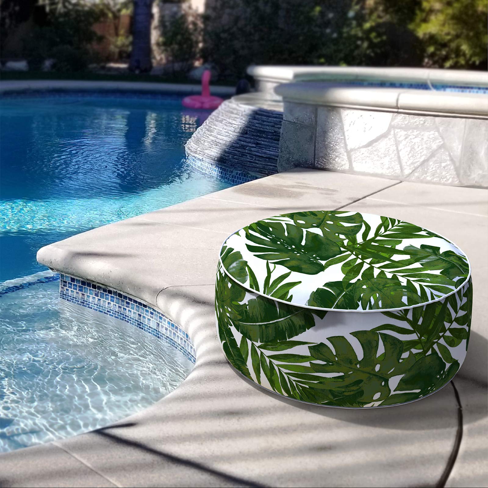 **LVTXIII Inflatable Stool Ottoman Footrest with Handle - All-Weather Indoor/Outdoor Use for Home, Patio, Garden & Camping - D21 x H9, Palm Green - Perfect for Relaxing, Lounging & Outdoor Adventures**