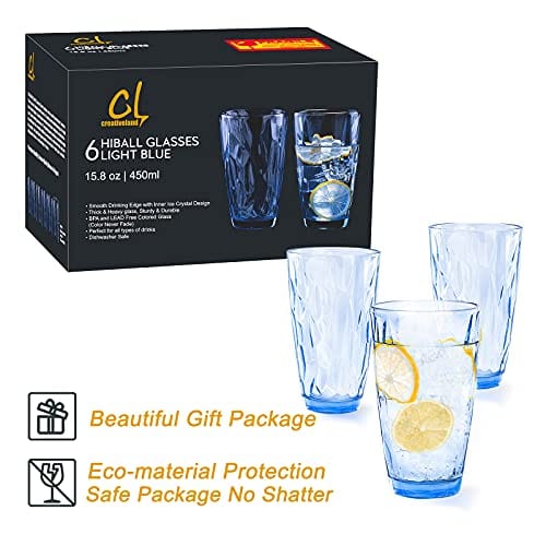 CREATIVELAND 16oz Heavy Base Highball Glass Tumbler Set of 6 - Light Blue Thick Glassware for Cocktails, Beer, Juice, Iced Coffee & Water - Durable Bar & Kitchen Drinking Glasses (450ml) - Perfect for Parties, Home Bars & Restaurants