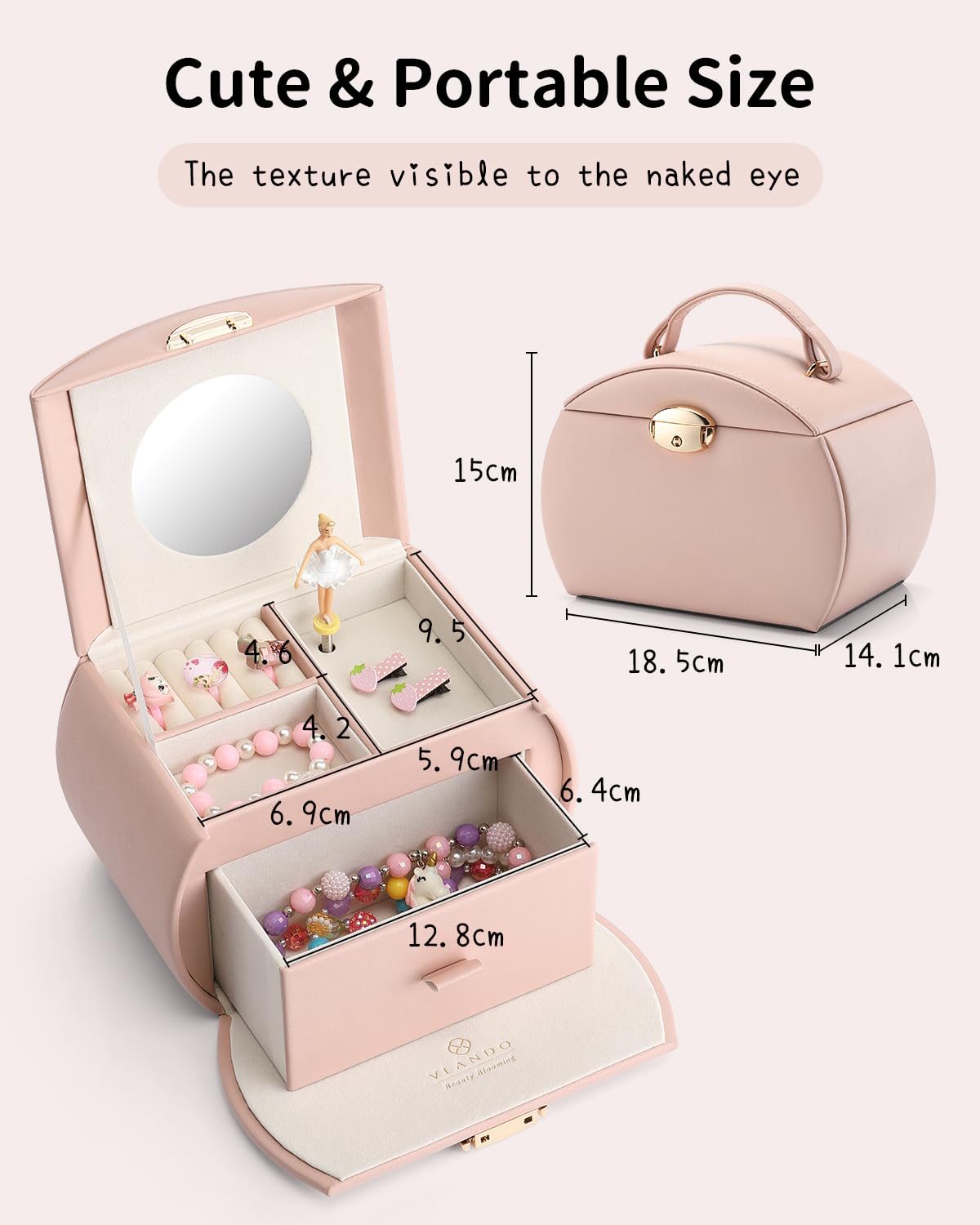 Vlando Girls Jewelry Box with Drawer - Musical Ballerina Jewelry Organizer with Stickers, Pink Gift Box for Kids & Teens | Perfect for Bedroom Decor, Birthday Gifts & Jewelry Storage