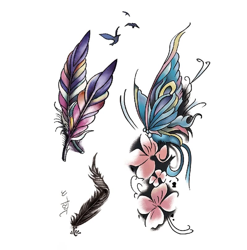 7 Sheets 3D Temporary Tattoo Stickers - Realistic Fake Tattoos for Adults, Women, Men & Teens - Waterproof Long Lasting Body Art (14.8x21cm) - Fashion Feather & Red Flower Designs for Arms, Legs & Shoulders - Perfect for Parties, Halloween, Cosplay & Summer Beach Looks