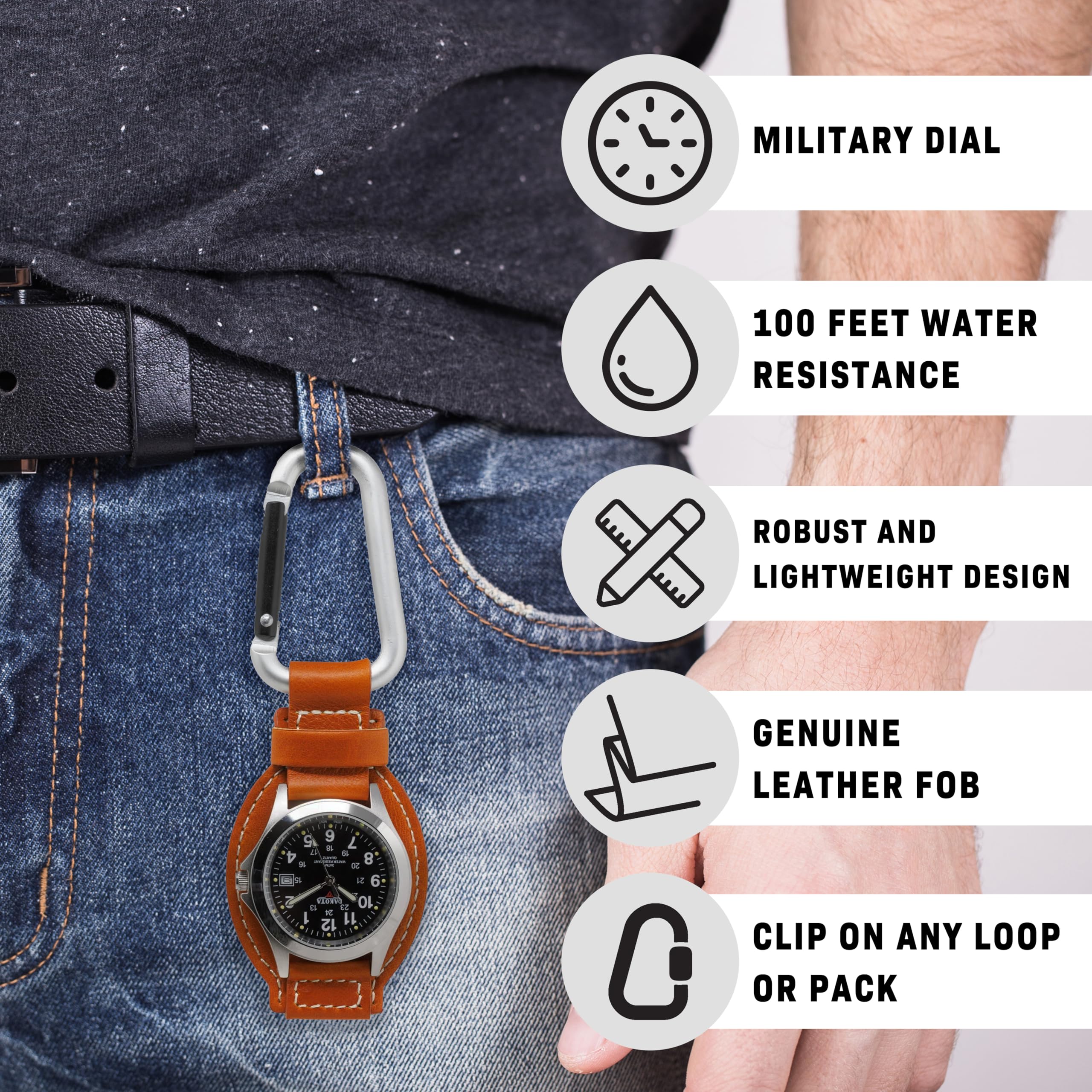 Premium Dakota Leather Field Clip Pocket Watch - Lightweight Dress Watch with Leather Fob Strap - Stylish Outdoor Gifts for Men & Women - Perfect for Fishing, Golf, Hiking & Formal Occasions