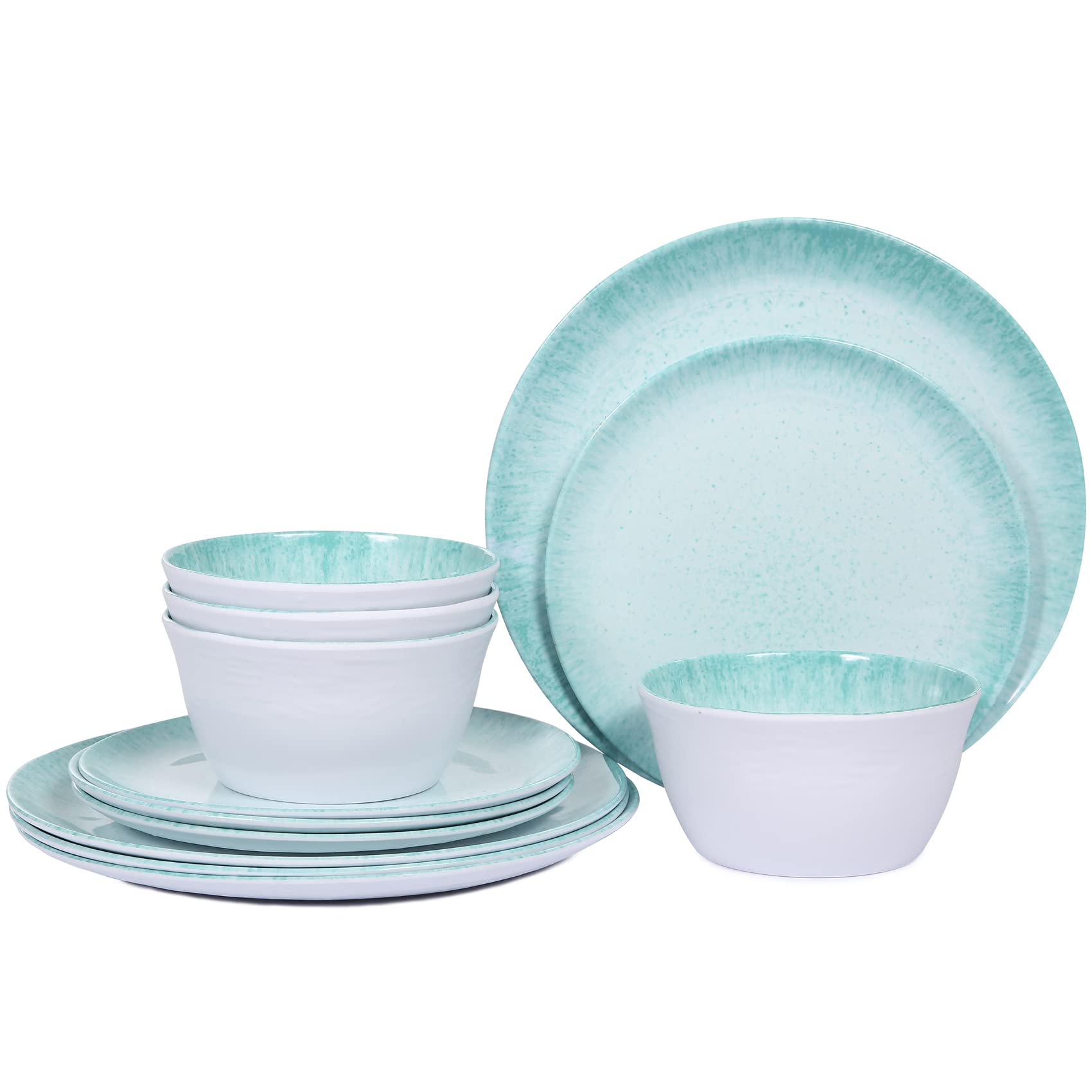 12-Piece Melamine Dinnerware Set - Durable Plates & Bowls for 4, Turquoise with Spot Design - Perfect for Outdoor Dining, Picnics, and Pool Parties