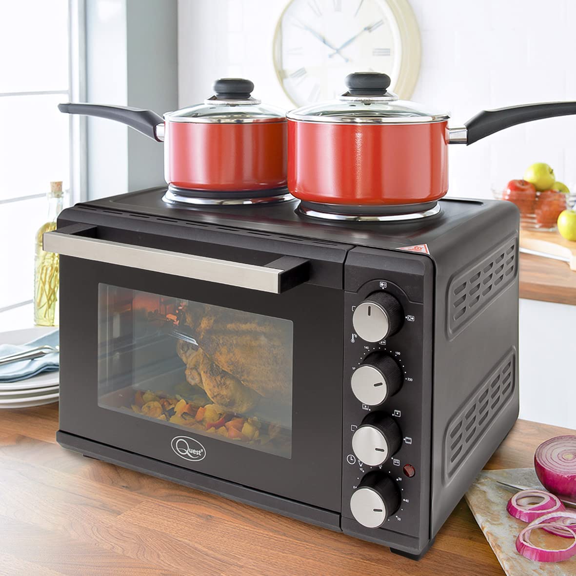 Quest 35379 26L Twin Hob Countertop Rotisserie and Convection Mini Oven - Adjustable Temperature, 60-Min Timer, Auto Shut-Off with Bell - Includes Accessories - Perfect for Small Kitchens, Dorms, and RV Cooking