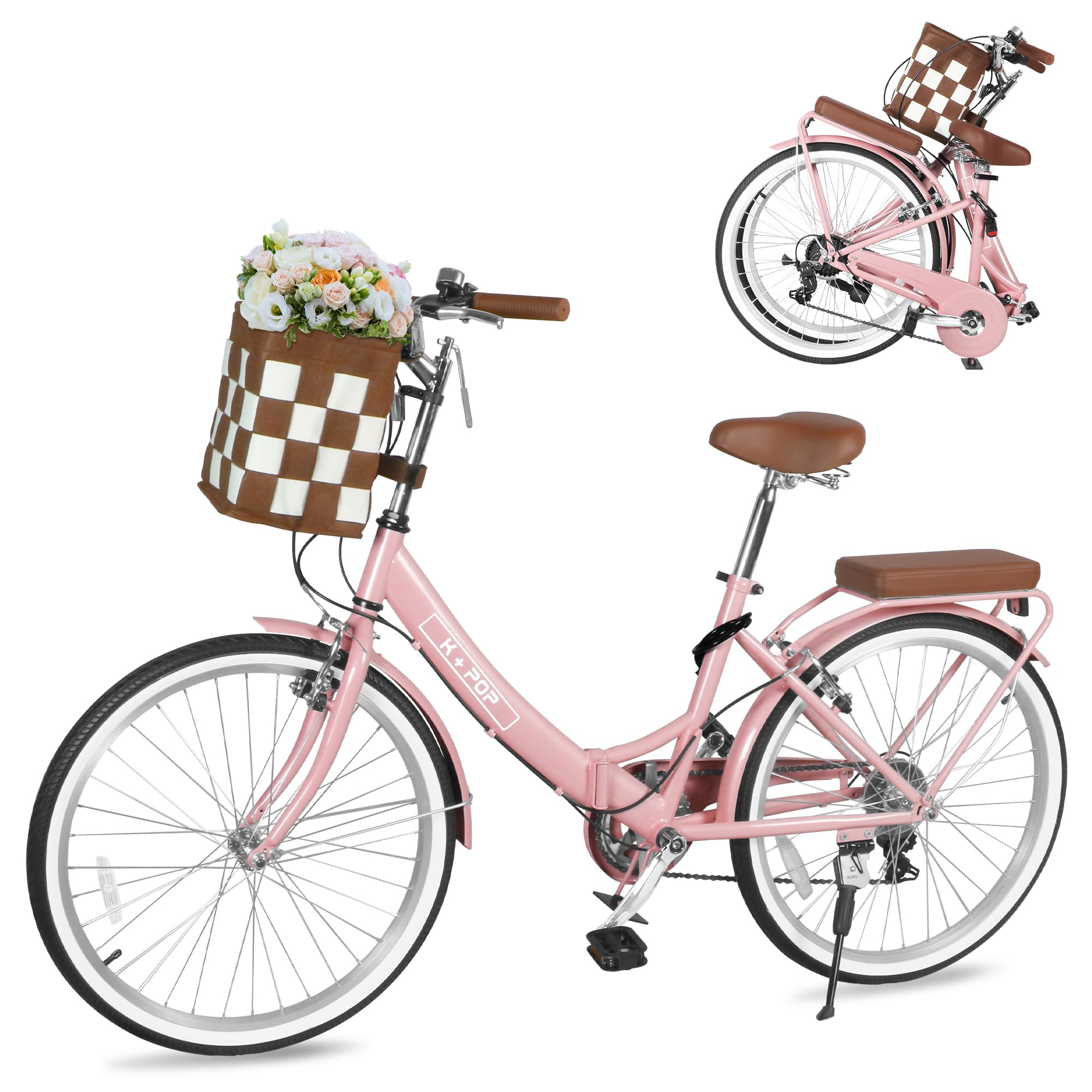 24-Inch Foldable Beach Cruiser Bike for Women - 7-Speed Commuter Bicycle with Front Basket, Classic Paint & Streamlined Design | Perfect for City Riding, Fitness Exercise & Beach Vacations