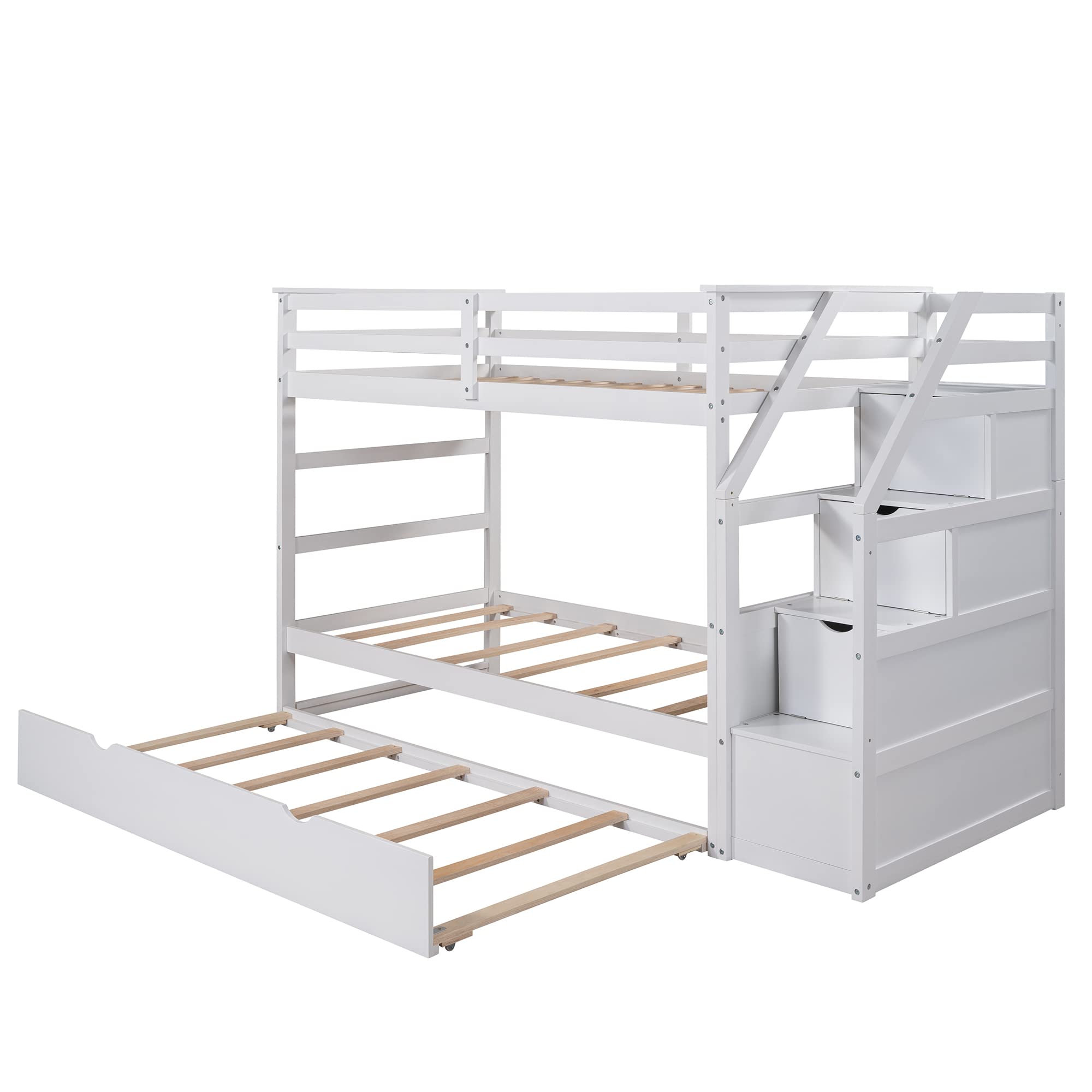 Twin Over Twin Bunk Beds with Trundle & Stairs - Wooden Bunk Bed Frame with 3 Storage Drawers for Kids, Boys, Girls & Teens - Space-Saving Bedroom Solution for Siblings or Sleepovers - White