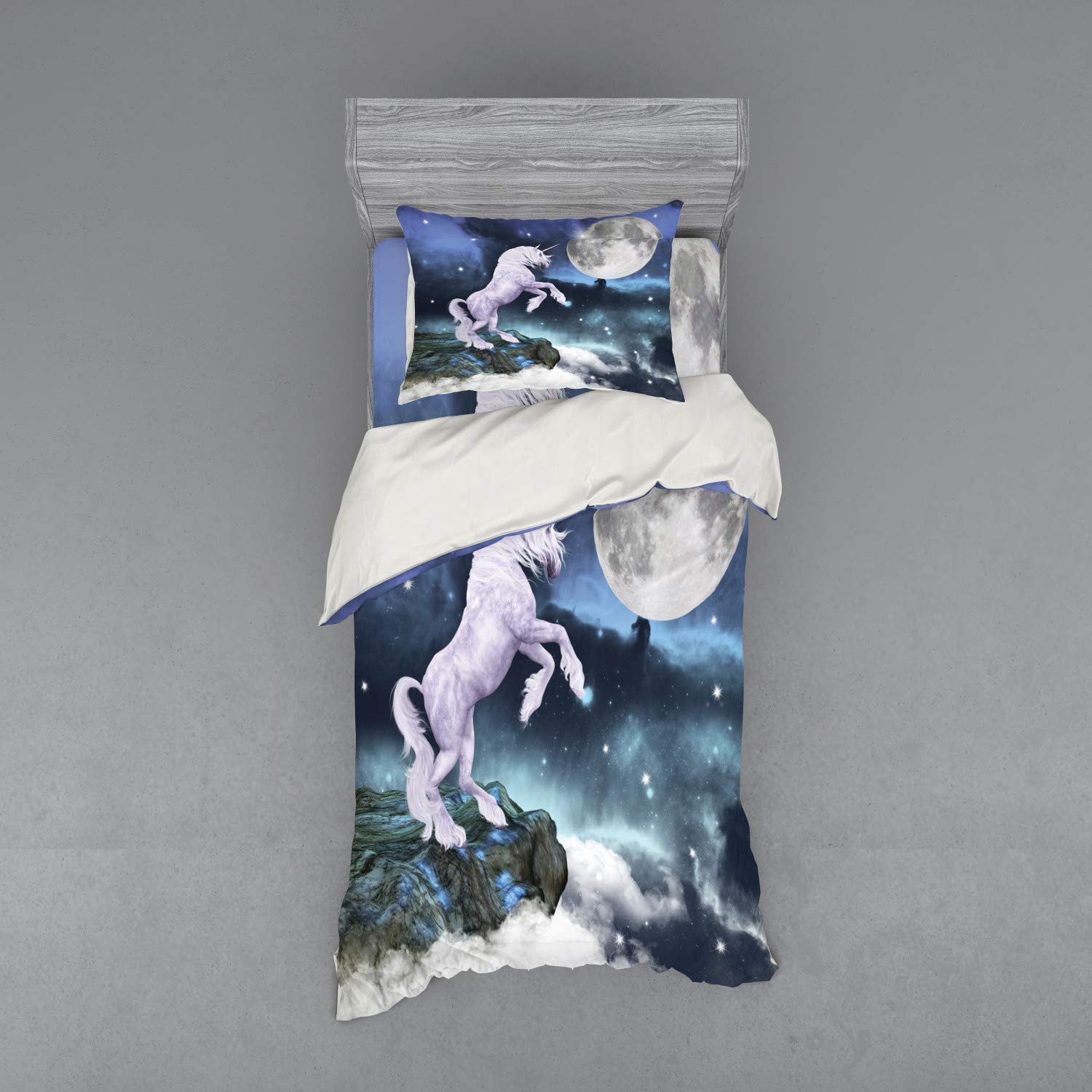 Ambesonne Unicorn Fantasy Bedding Set - 3 Piece Duvet Cover with Sham & Fitted Sheet, Twin XL Size, Lilac Blue - Mythical Creature Cliffside Moonlight Design - Perfect for Kids' Rooms, Teen Bedrooms & Fantasy Themed Decor