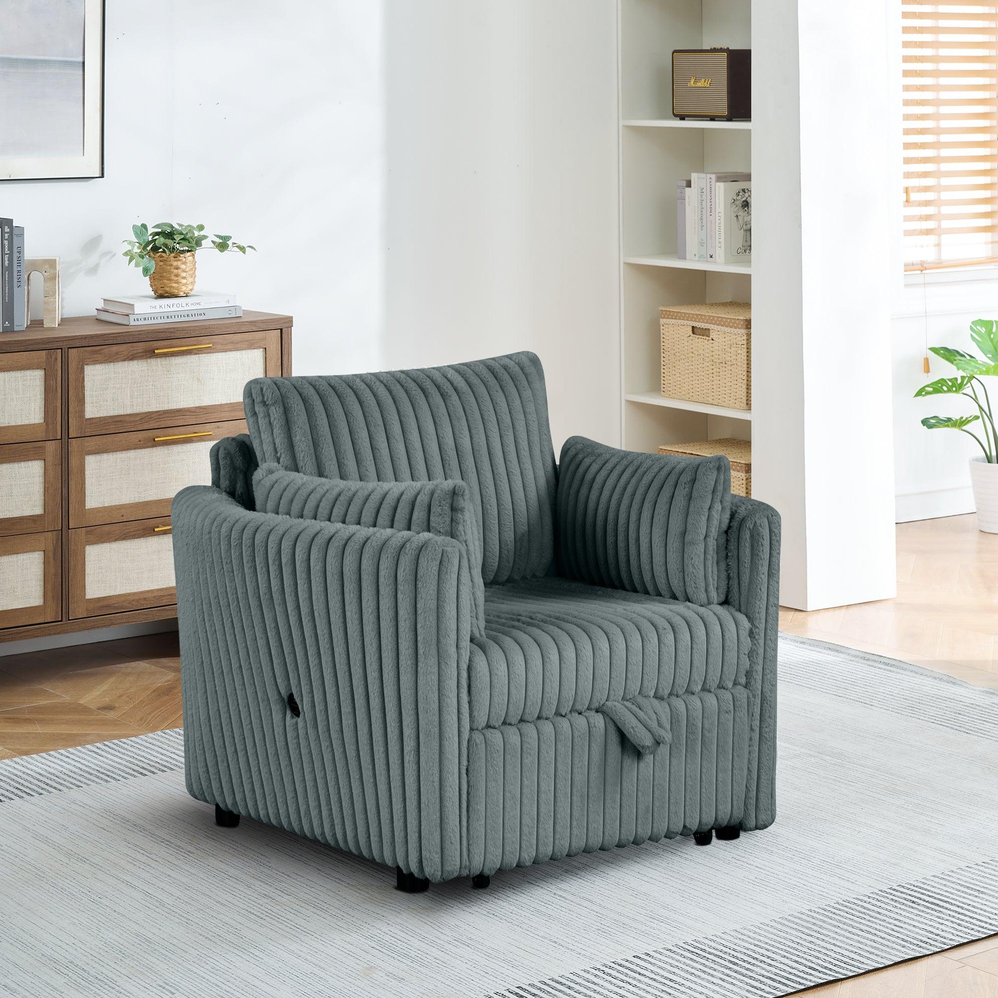 Dark Gray Faux Fur Oversized Convertible Sleeper Sectional Sofa with USB Charging Ports - 3-in-1 Couch, Daybed & Pull-Out Chair with 2 Pillows - Modern Living Room Furniture for Small Spaces, Apartments & Home Theater Lounging