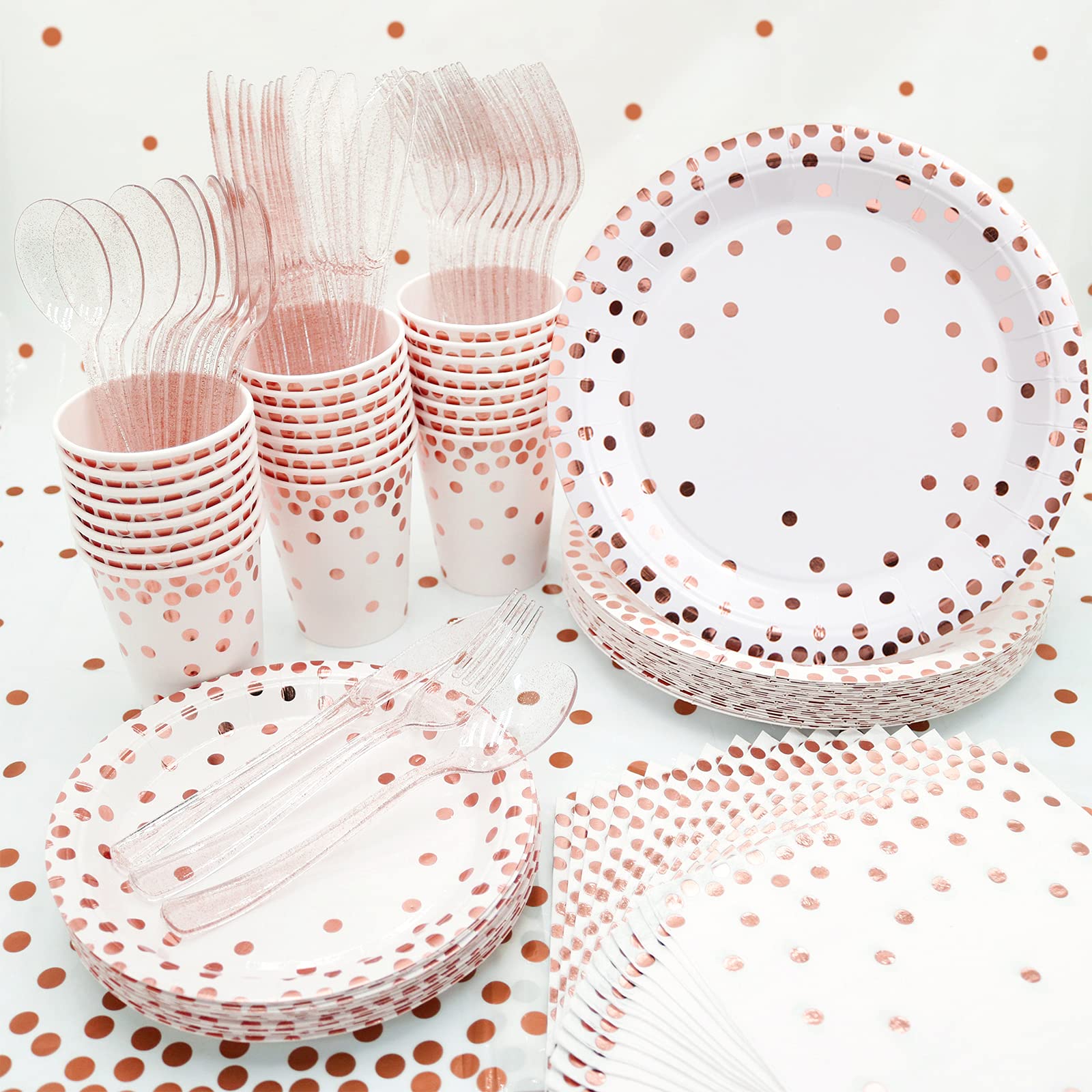 Premium Rose Gold Party Supplies Set (24-Piece) - Disposable Paper Plates, Napkins, Cups & Cutlery with Elegant Tablecloth - Perfect for Baby Showers, Birthday Parties, Bridal Showers & Mother's Day Celebrations