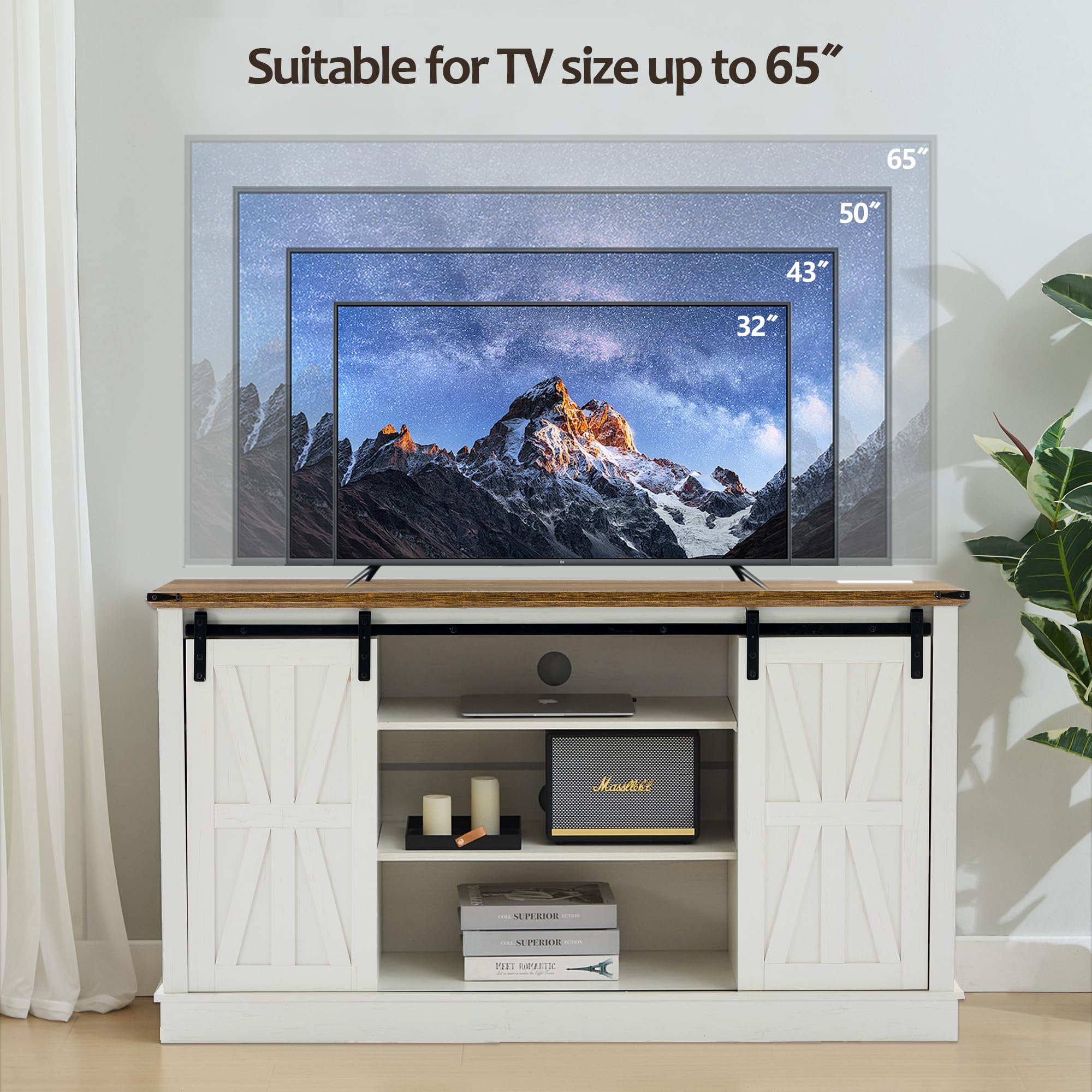 Rustic Farmhouse TV Stand with Power Outlets - Wooden Entertainment Center with Storage Cabinets & Sliding Barn Doors - Media Console for Living Room, Bedroom (White) - Perfect for Home Theater Setup & Cozy Family Movie Nights