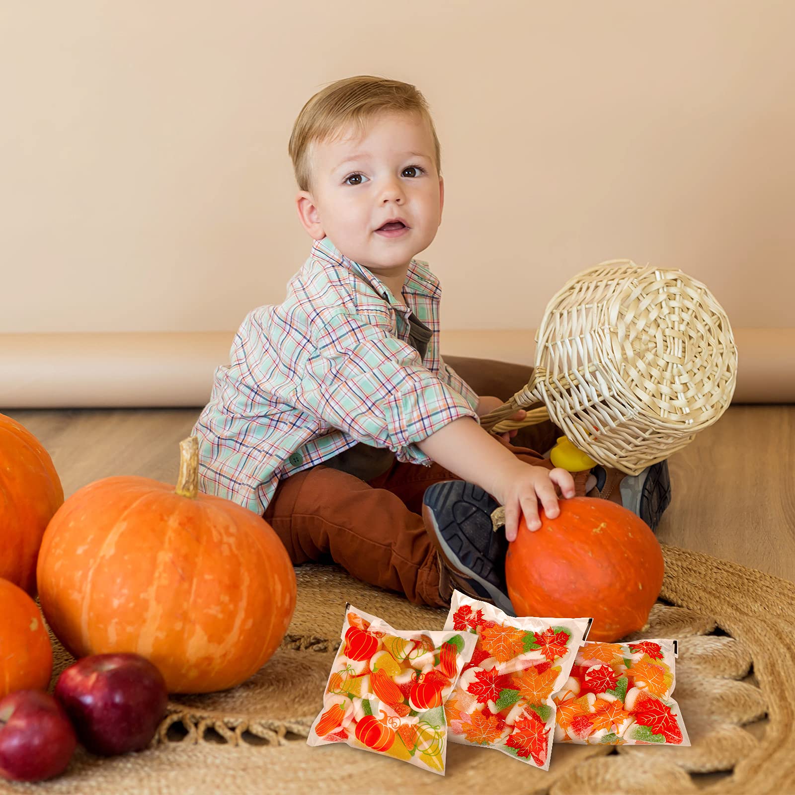 200-Piece Thanksgiving Fall Cellophane Bags - Pumpkin & Maple Leaf Print Treat Bags for Candy, Party Favors, Groceries | Autumn Party Supplies for Halloween, Harvest Festivals & Seasonal Decorations