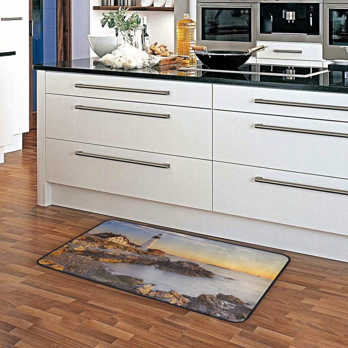 ALAZA Non-Slip Kitchen Floor Mat - Waterproof Beach Lighthouse Design Rug for Entryway, Hallway, Bathroom, Living Room & Bedroom - 39x20 Inches (1.7'x3.3') - Perfect for Coastal Decor, High Traffic Areas & Home Safety