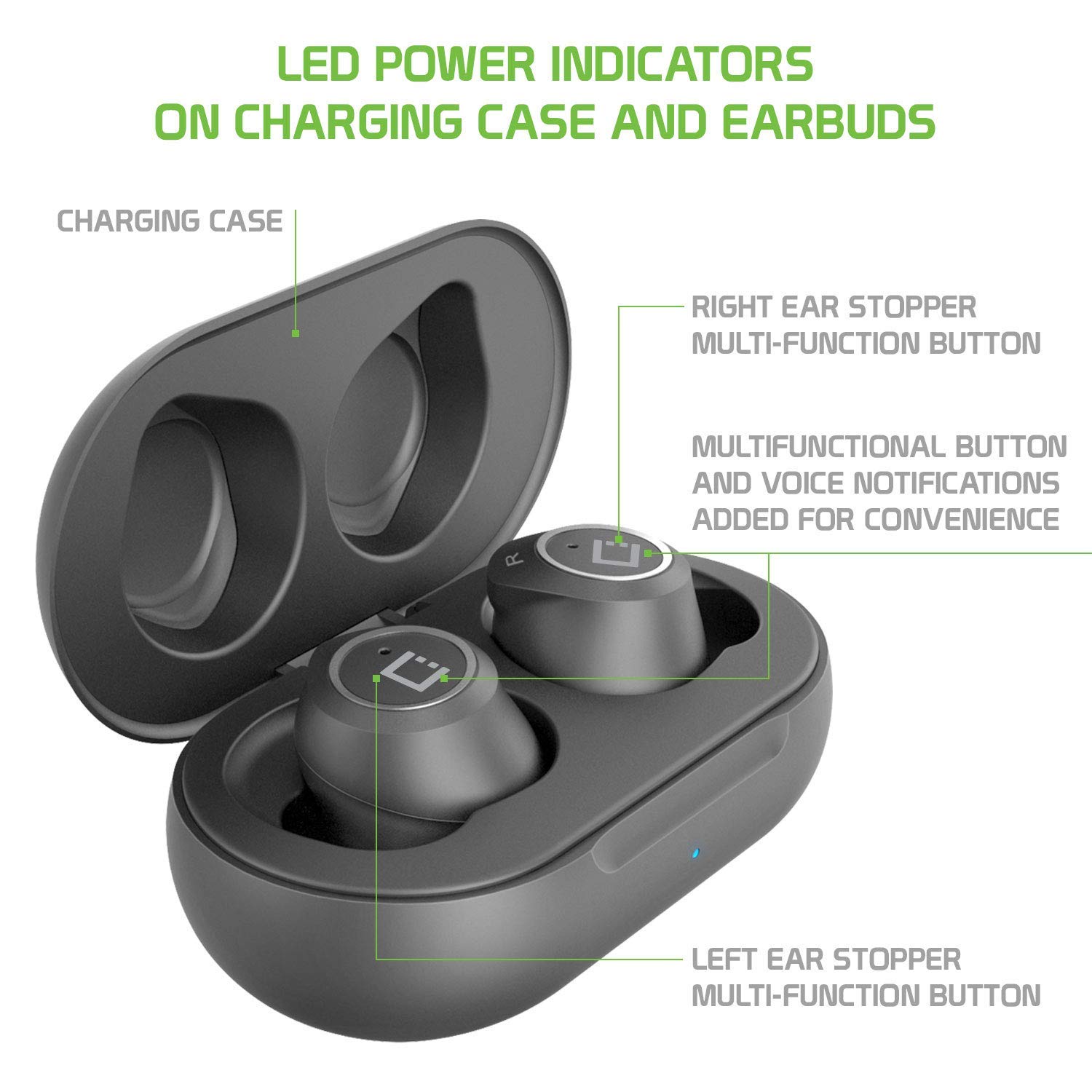 Wireless V5.0 Bluetooth Earbuds with Charging Case - Noise Cancelling in-Ear Headphones Compatible with iPhone, Android & GM6 (Black) | Perfect for Gym, Running & Travel