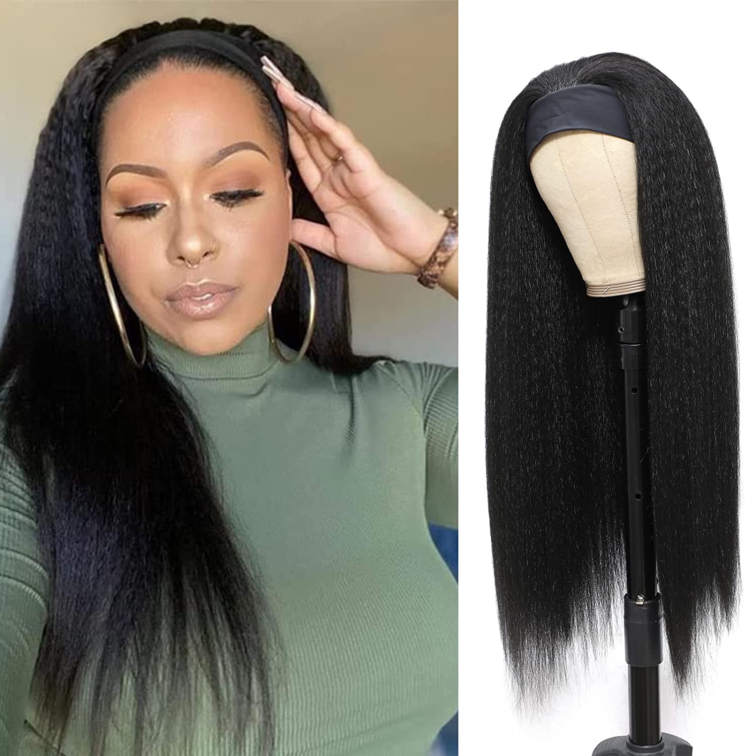 20 Inch Kinky Straight Headband Wig for Black Women - Glueless Synthetic Hair with Natural Hairline - Yaki Straight Headband Wig in #1B Color - Perfect for Daily Wear, Parties & Special Occasions