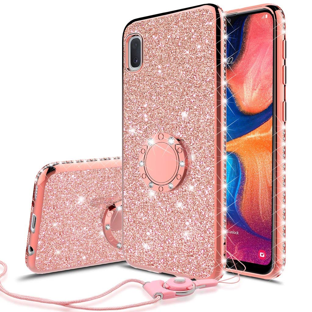 SOGA Samsung Galaxy A10e Case with Glitter Diamond Rhinestone Design, Shockproof TPU Phone Cover with Ring Stand & Lanyard - Rose Gold for Women & Girls | Perfect for Everyday Use, Work, Travel & Selfies