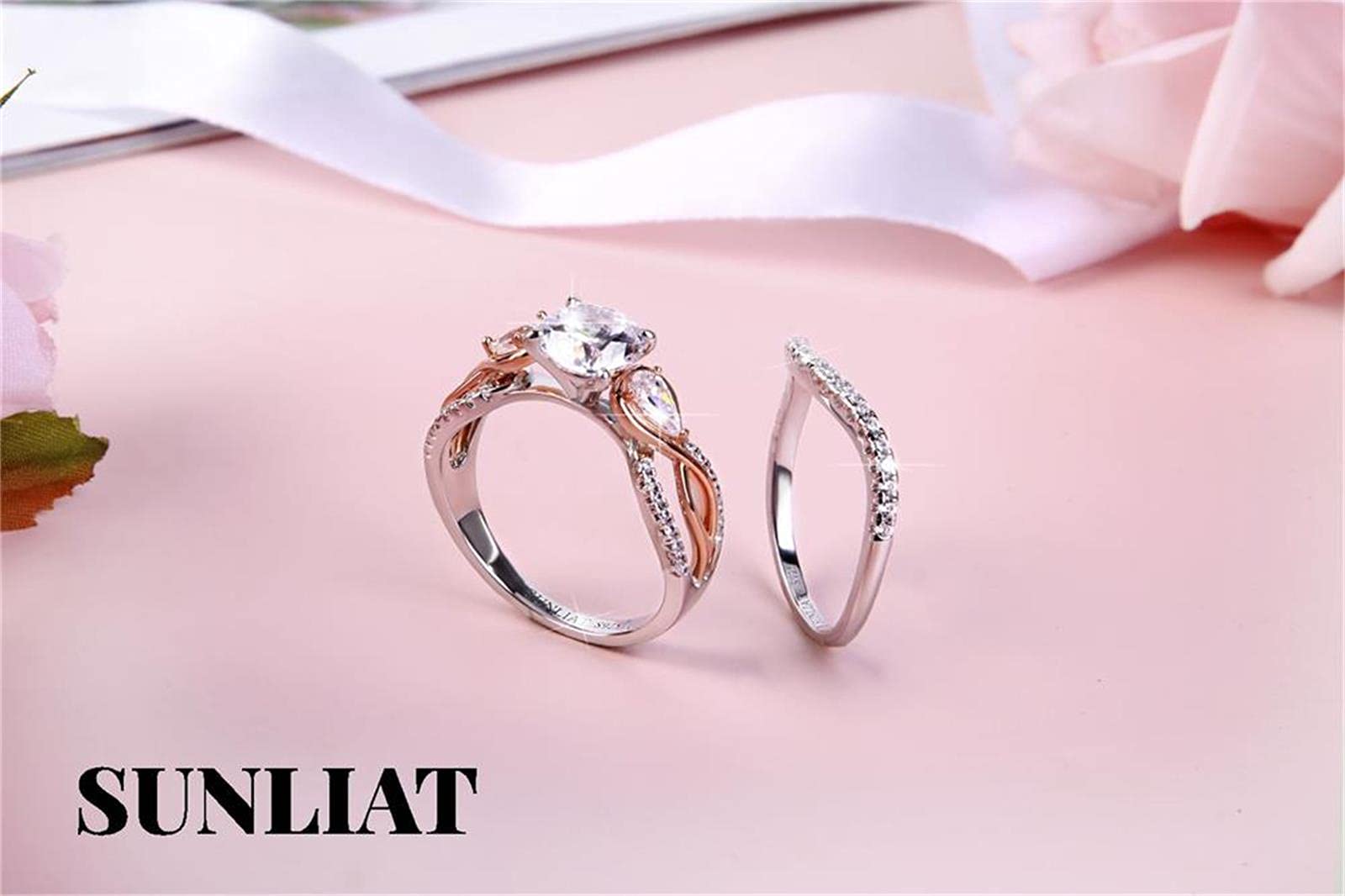 925 Sterling Silver Rose Gold Plated Women's Engagement Wedding Ring Set - 3 Stone Round & Pear Cubic Zirconia Bridal Jewelry Set - Perfect for Proposals, Anniversaries & Romantic Gifts