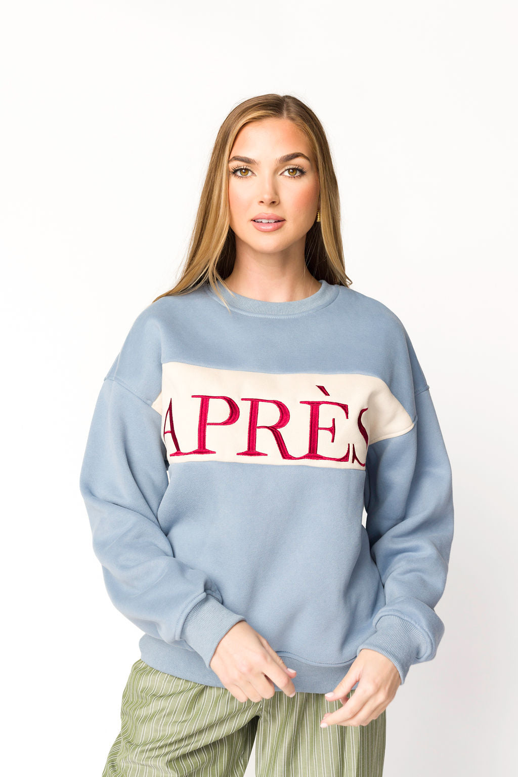 Stone Blue Colorblocked Crewneck Sweater | Stylish & Comfortable Pullover for Women | Perfect for Casual Outings & Layering in Fall & Winter