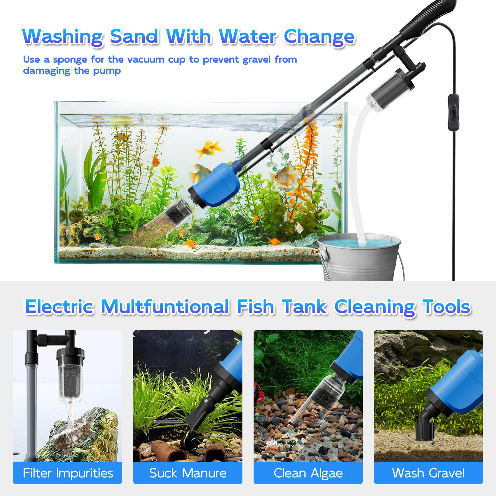 Electric Aquarium Gravel Cleaner - 32W 6-in-1 Multifunctional Automatic Fish Tank Vacuum for Sand Washing & Water Changing | Perfect for Freshwater & Saltwater Tanks, Home & Office Aquarium Maintenance