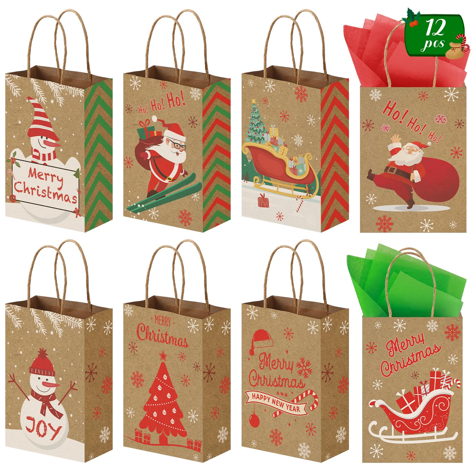 VGOODALL 12PCS Christmas Gift Bags with Tissue Paper - Holiday Treat Bags with Handles for Christmas Party Favors, Gift Exchange & Holiday Celebrations - Perfect for Classroom Gifts, Office Parties & Family Gatherings