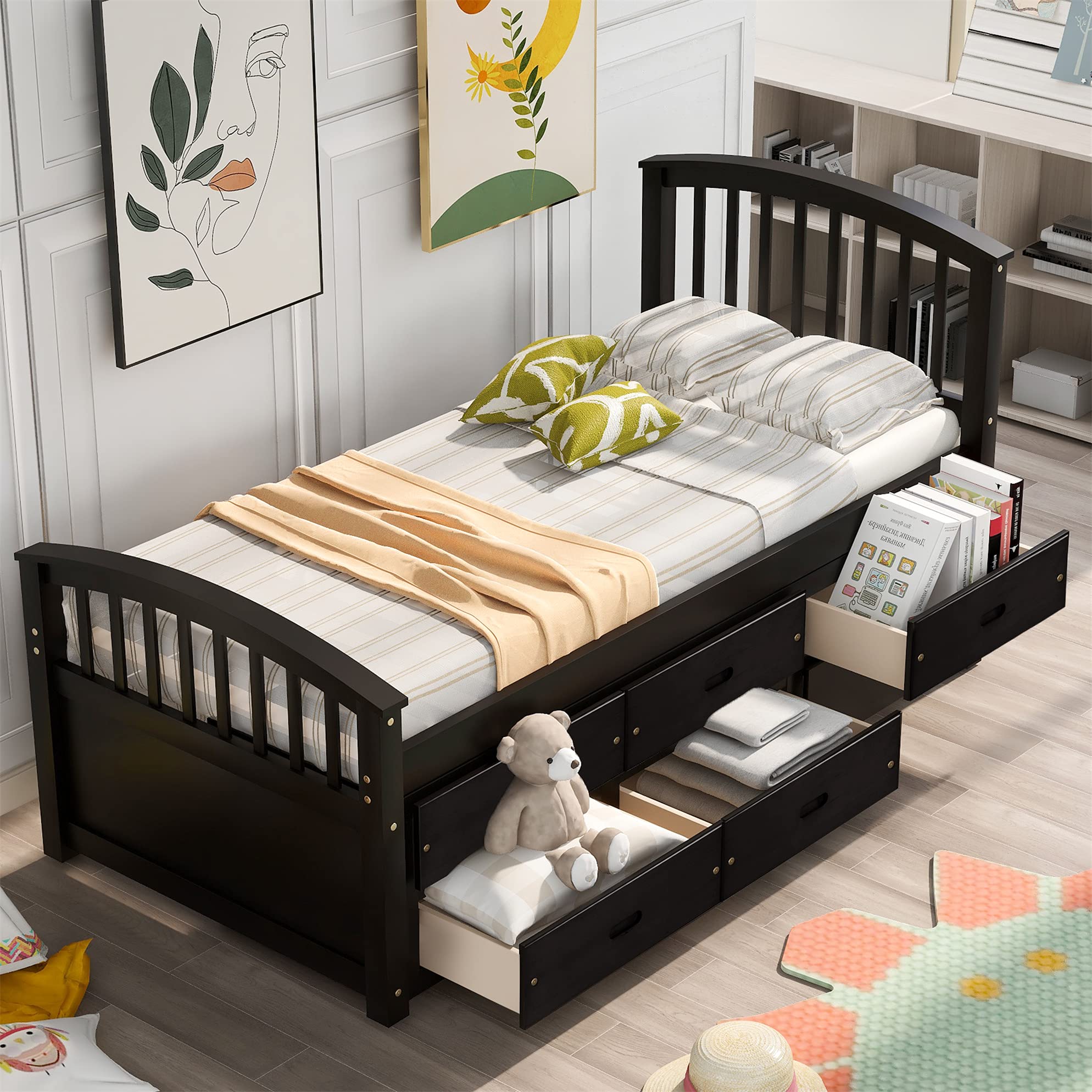 Solid Wood Twin Bed Frame with Storage Drawers - No Box Spring Needed for Small Spaces