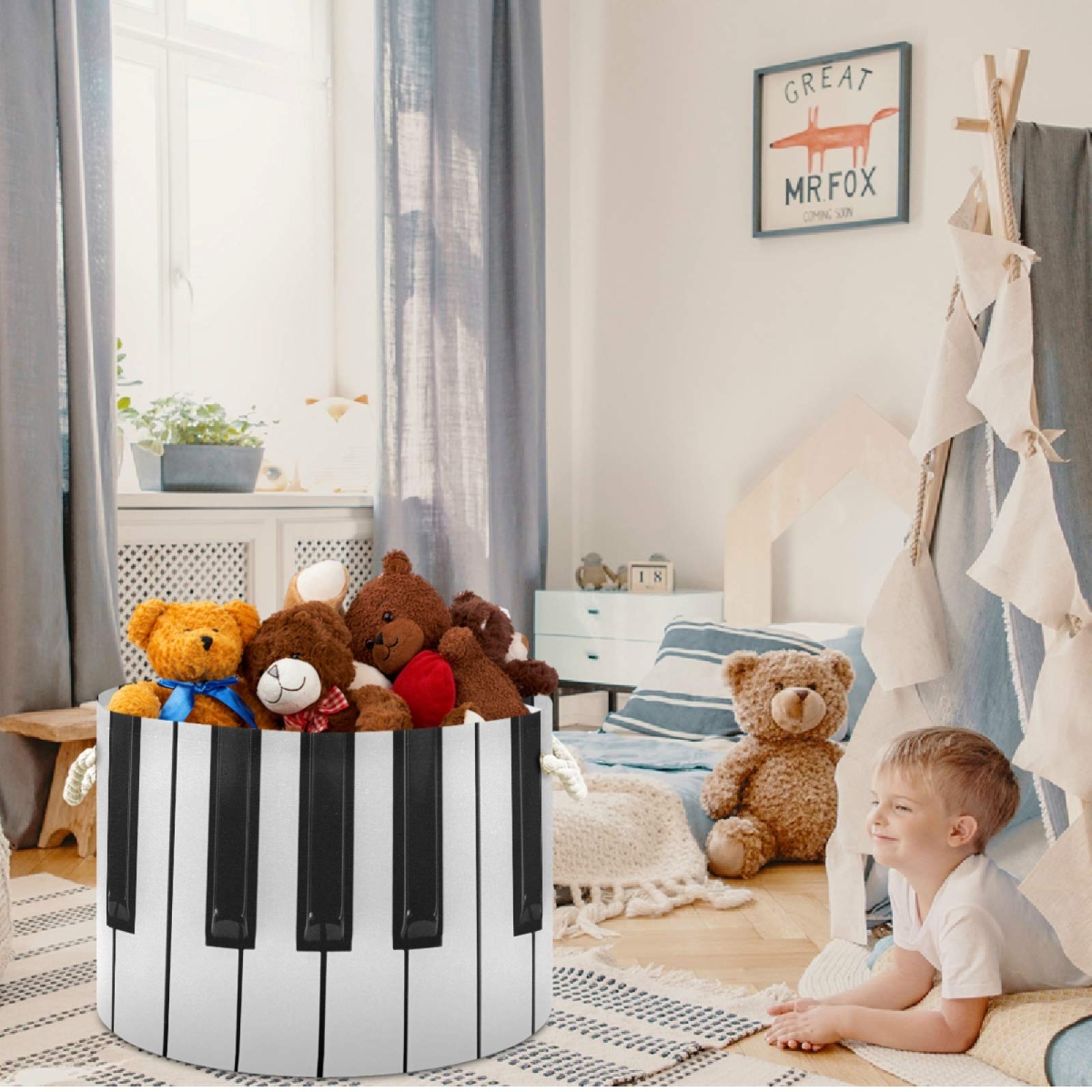 Visesunny Black and White Piano Key Collapsible Large Storage Basket with Cotton Handles - Foldable Organizer Bin for Bedroom, Closet, Office, Toys & Laundry - Perfect for Home Organization & Space Saving