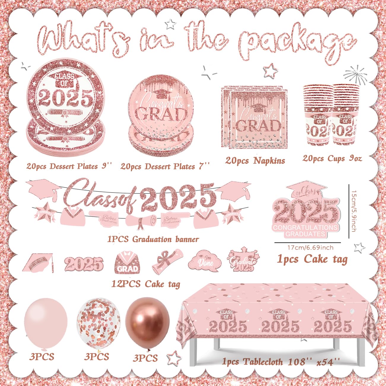 **2025 Graduation Party Decorations Set - Pink Plates, Napkins, Cups, Tablecloths, Banner, Cake Topper & Balloons - Congrats Grad Supplies for 20 Guests - Perfect for Graduation Ceremonies & Celebrations**