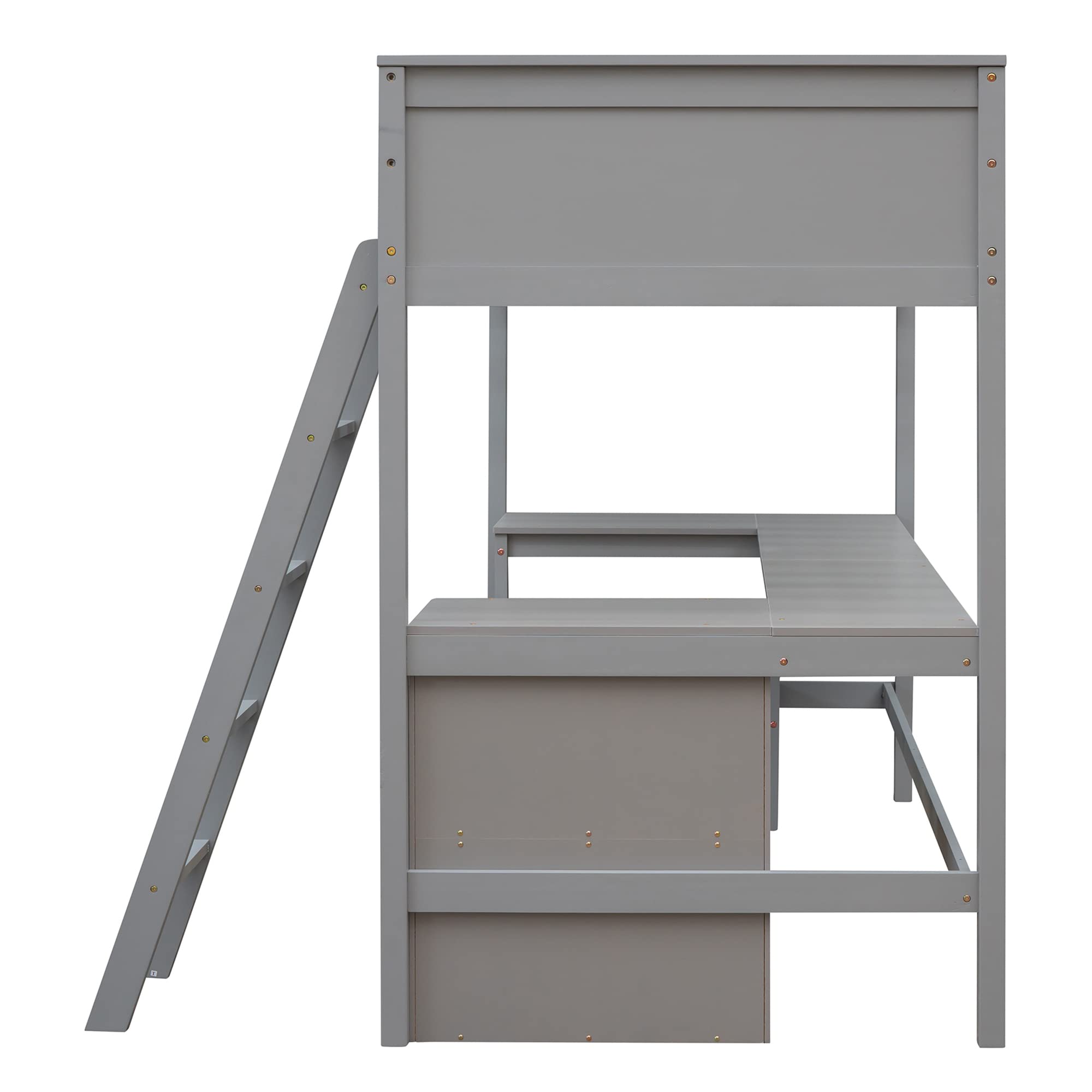 P PURLOVE Twin Loft Bed Frame with Shelves & Desk - Sturdy Wood Loft Bed for Teens, Kids, Boys & Girls - Space-Saving Design with Angled Ladder - No Box Spring Needed (Gray) - Perfect for Small Bedrooms, Dorms & Studio Apartments