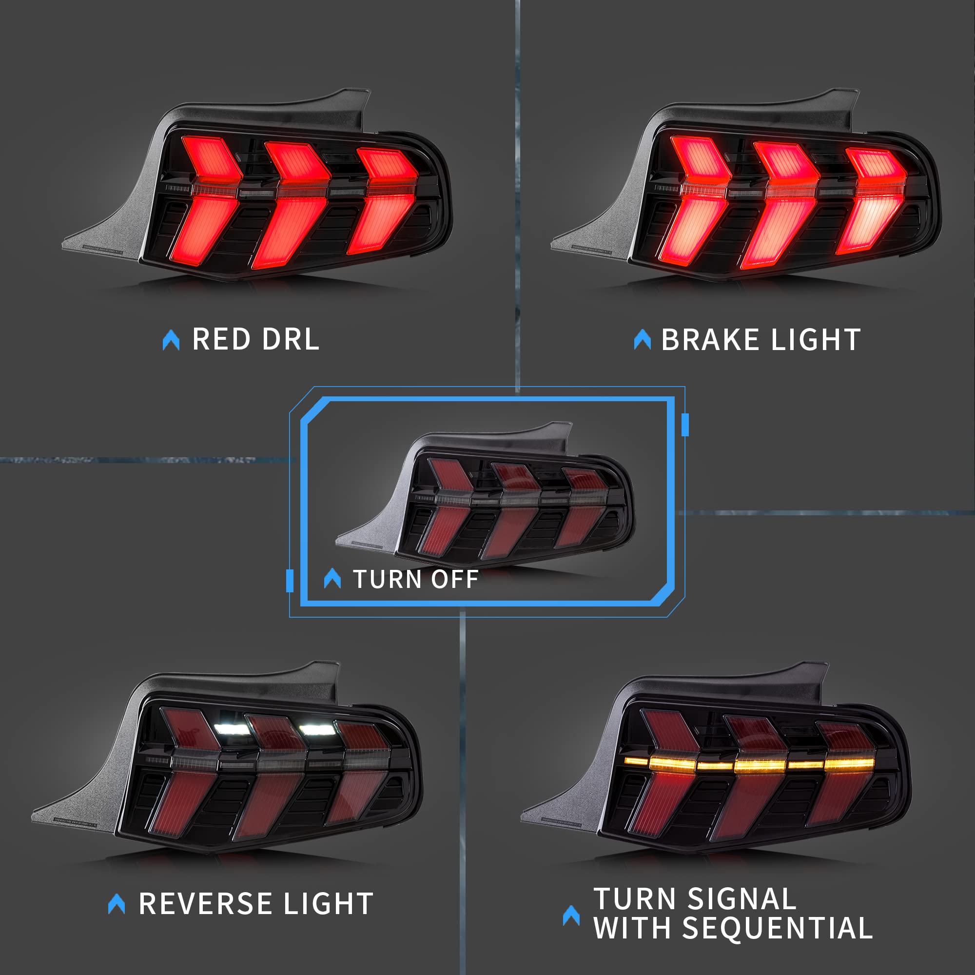VLAND LED Tail Lights for Ford Mustang 2010-2012 - Sequential Amber Turn Signal, Smoked Lens, Pair (Left & Right) - Upgrade Your Ride for Night Driving & Car Shows