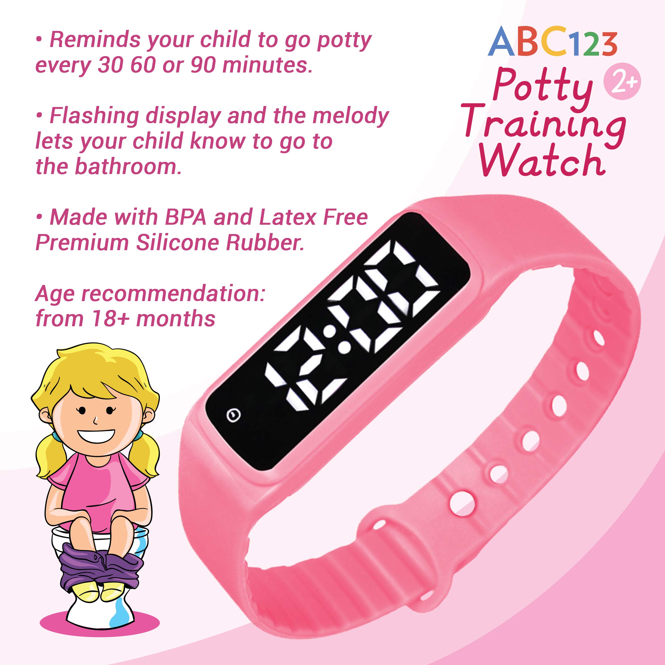 ABC123 Potty Training Watch for Kids - Waterproof Timer Alarm with Reminder Function for Toddler Toilet Training (Pink) | Ideal for Daycare, Preschool & Home Use