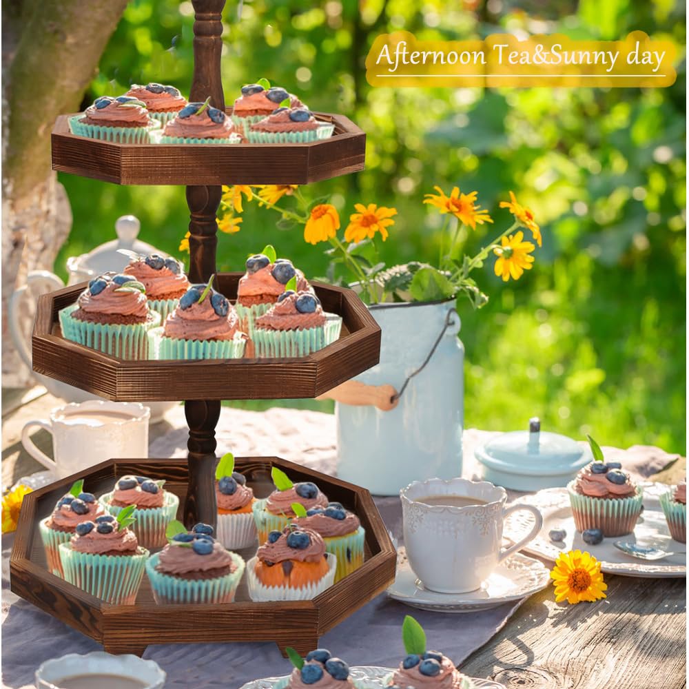 3-Tier Wooden Serving Tray - Rustic Farmhouse Decor for Kitchen, Desserts & Cupcakes | 27