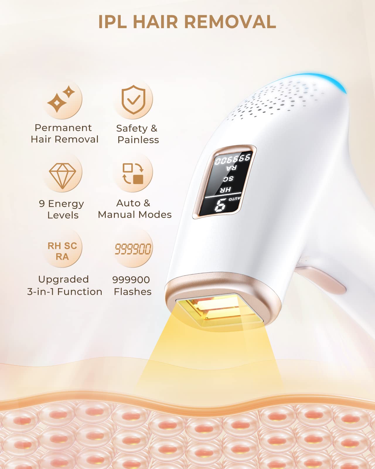 ZKMAGIC IPL Hair Removal Device for Women & Men - 3-in-1 Laser Hair Remover with HR/SC/RA Modes, 9 Adjustable Energy Levels & 999,900 Flashes - Permanent Hair Removal for Face, Legs, Arms, Bikini Line & Whole Body - At-Home Salon Treatment for Smooth Skin