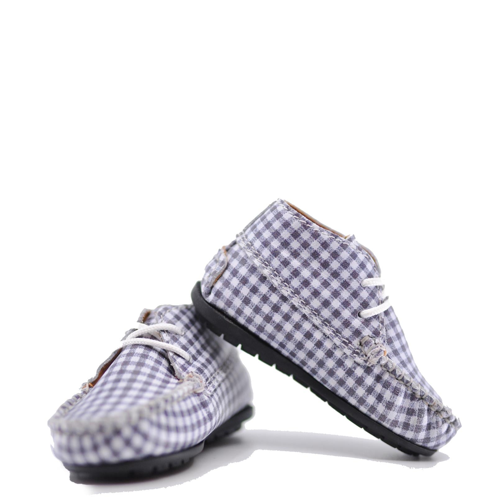 Atlanta Moccasin Gray Gingham Baby Booties - Soft Leather First Walkers for Newborns & Infants | Perfect for Photo Shoots, Baby Showers & Special Occasions